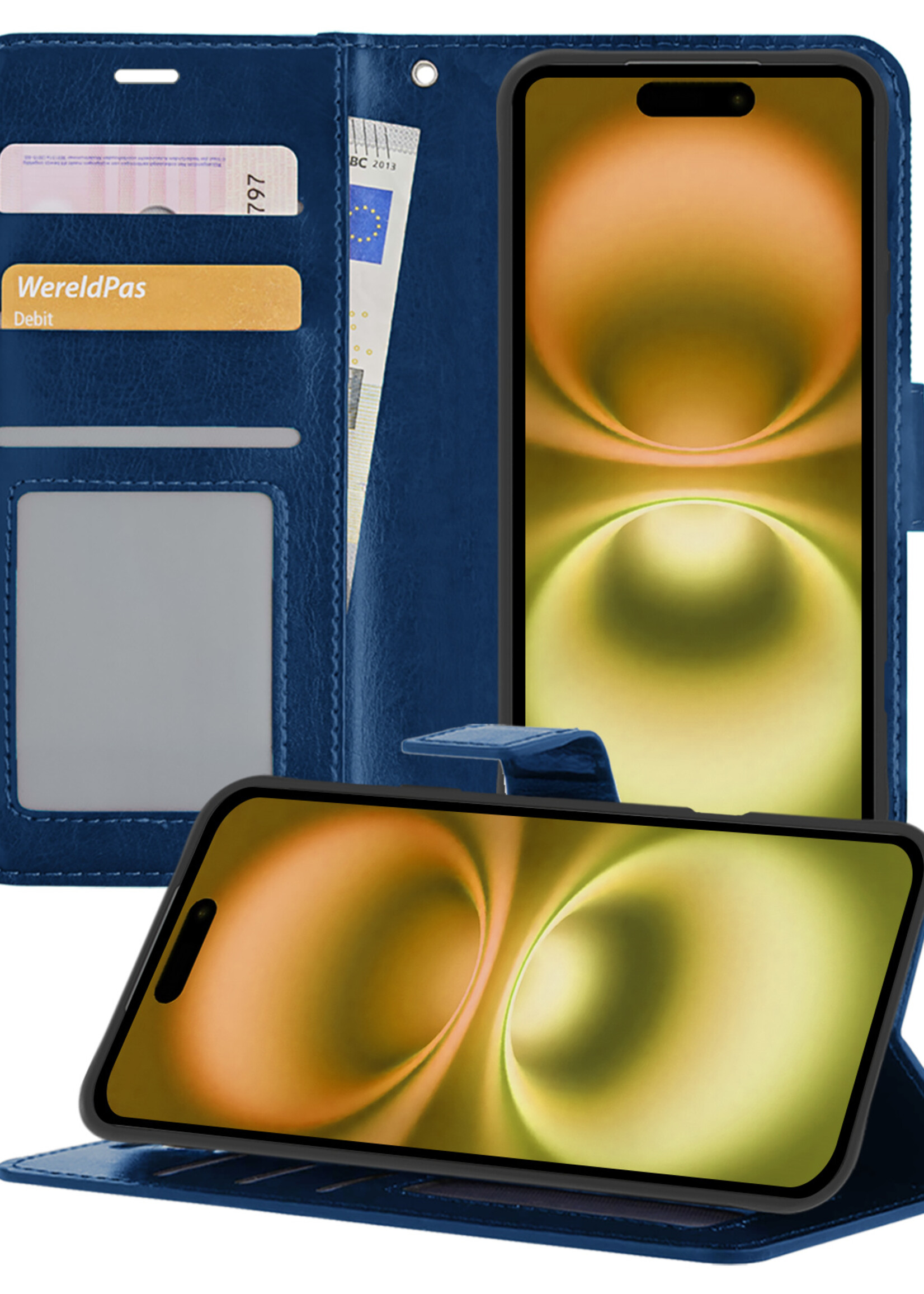 LUQ Hoesje Geschikt voor iPhone 16 Hoesje Book Case Hoes Wallet Cover - Hoes Geschikt voor iPhone 16 Hoesje Bookcase Hoes - Donkerblauw