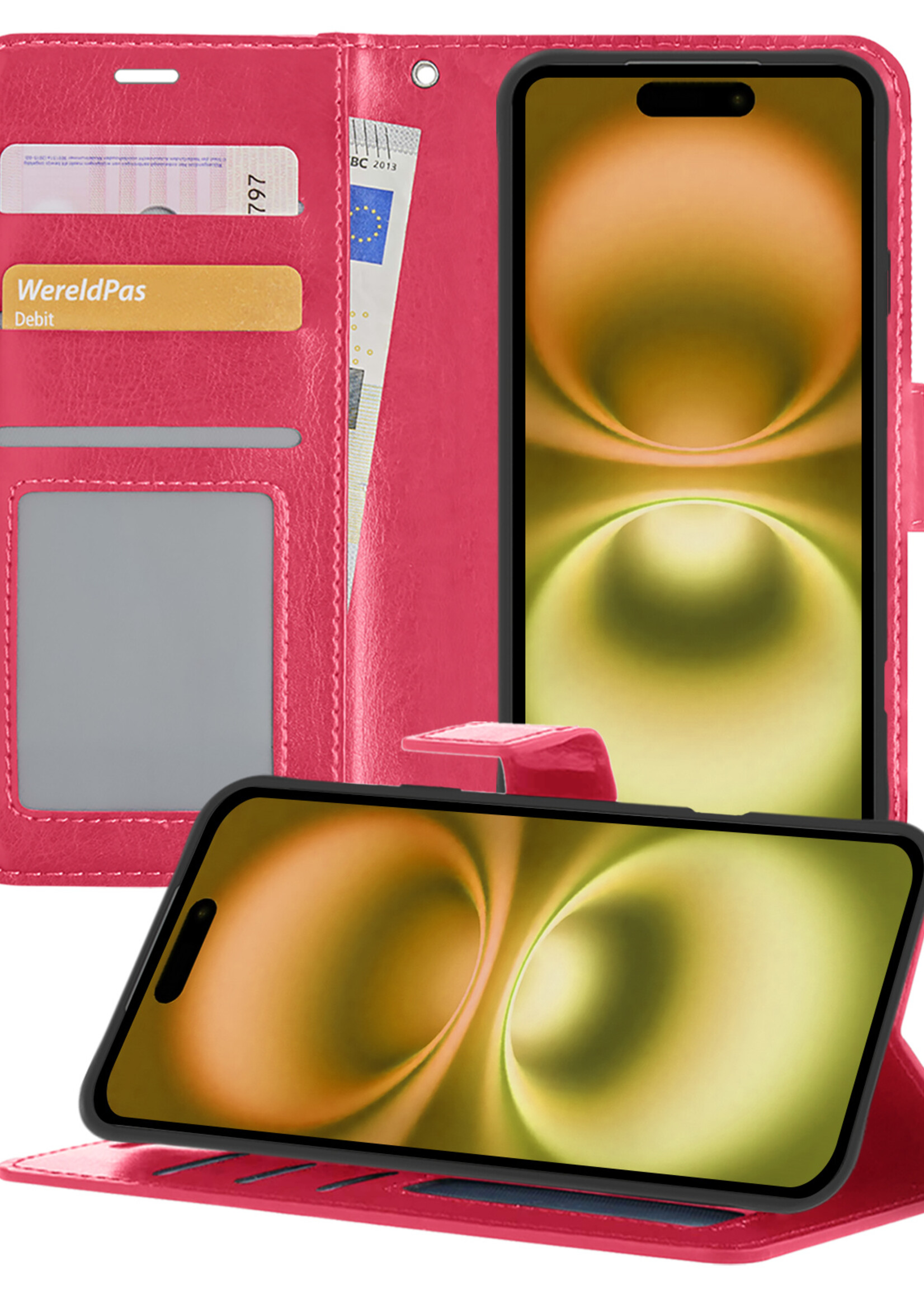 LUQ Hoesje Geschikt voor iPhone 16 Hoesje Book Case Hoes Wallet Cover - Hoes Geschikt voor iPhone 16 Hoesje Bookcase Hoes - Donkerroze