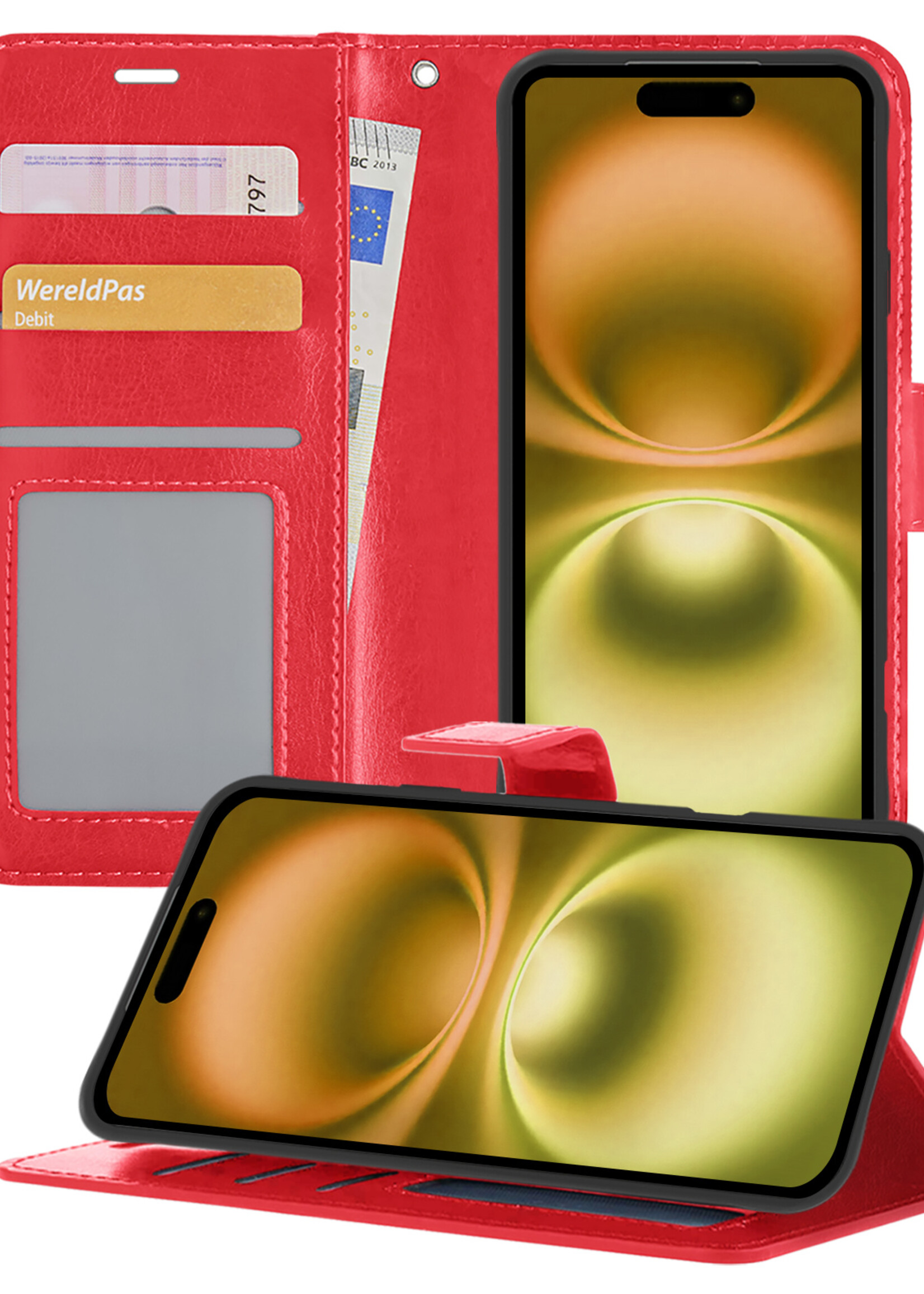 LUQ Hoesje Geschikt voor iPhone 16 Hoesje Book Case Hoes Wallet Cover - Hoes Geschikt voor iPhone 16 Hoesje Bookcase Hoes - Rood