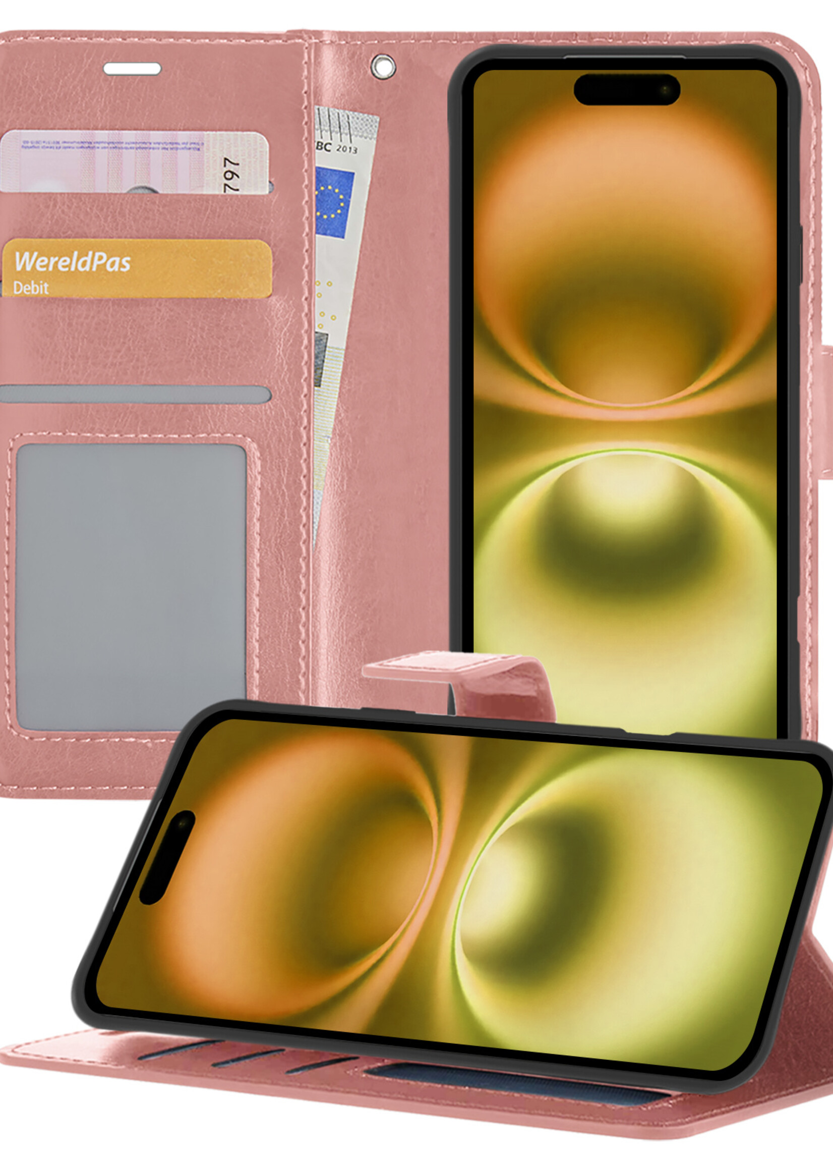 LUQ Hoesje Geschikt voor iPhone 16 Hoesje Book Case Hoes Wallet Cover - Hoes Geschikt voor iPhone 16 Hoesje Bookcase Hoes - Rosé goud
