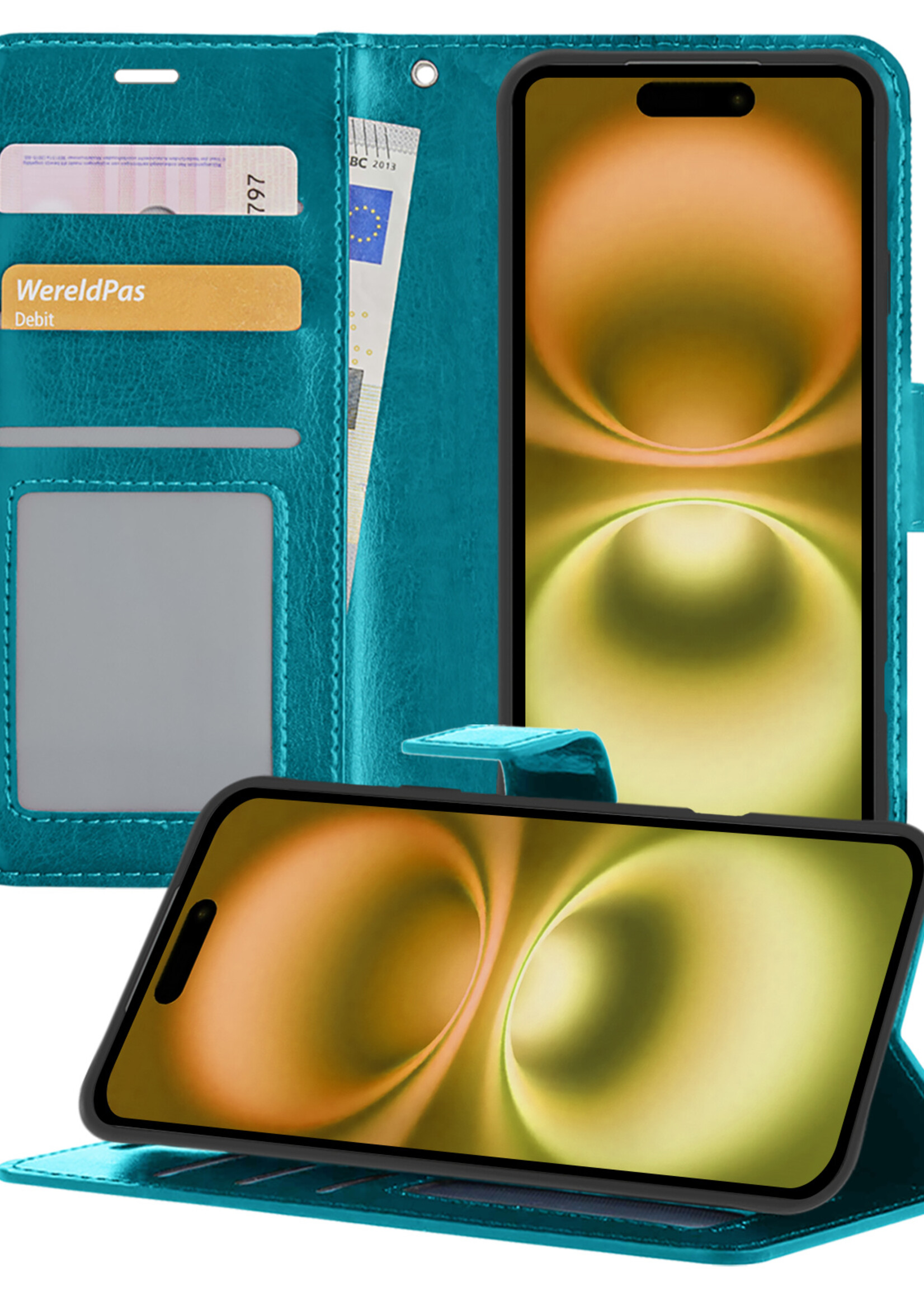 LUQ Hoesje Geschikt voor iPhone 16 Hoesje Book Case Hoes Wallet Cover - Hoes Geschikt voor iPhone 16 Hoesje Bookcase Hoes - Turquoise