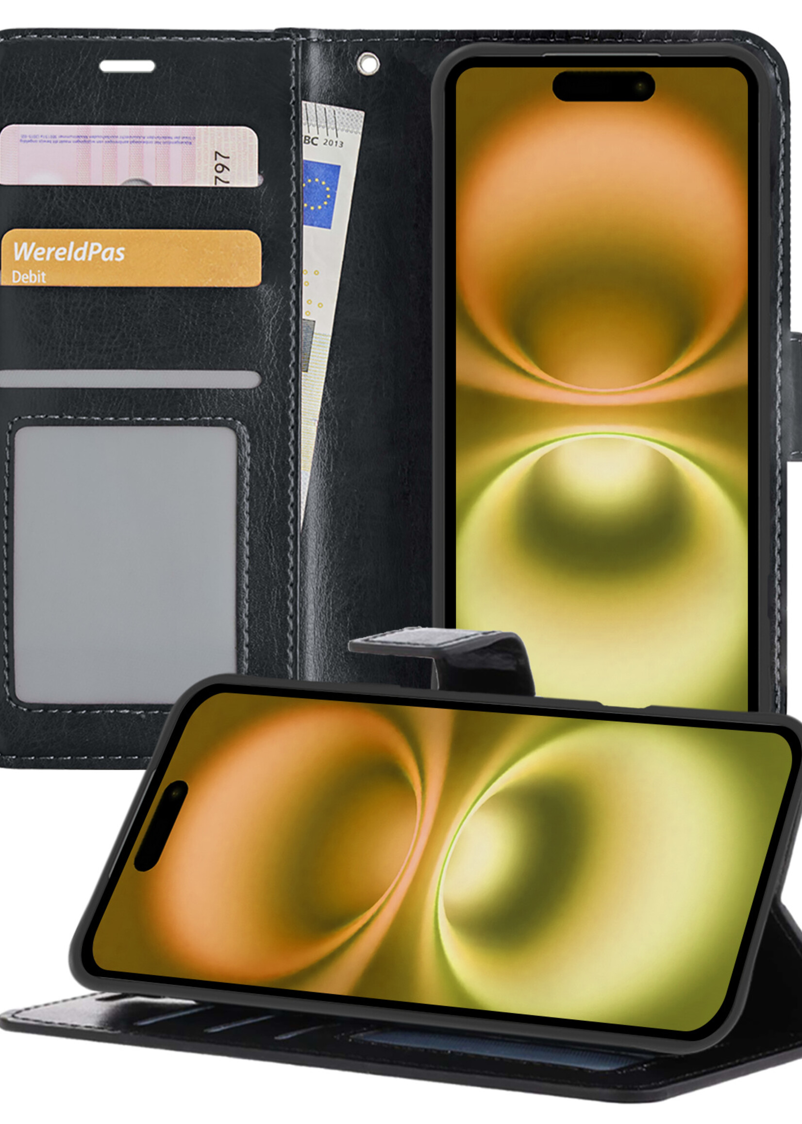 LUQ Hoesje Geschikt voor iPhone 16 Hoesje Book Case Hoes Wallet Cover - Hoes Geschikt voor iPhone 16 Hoesje Bookcase Hoes - Zwart