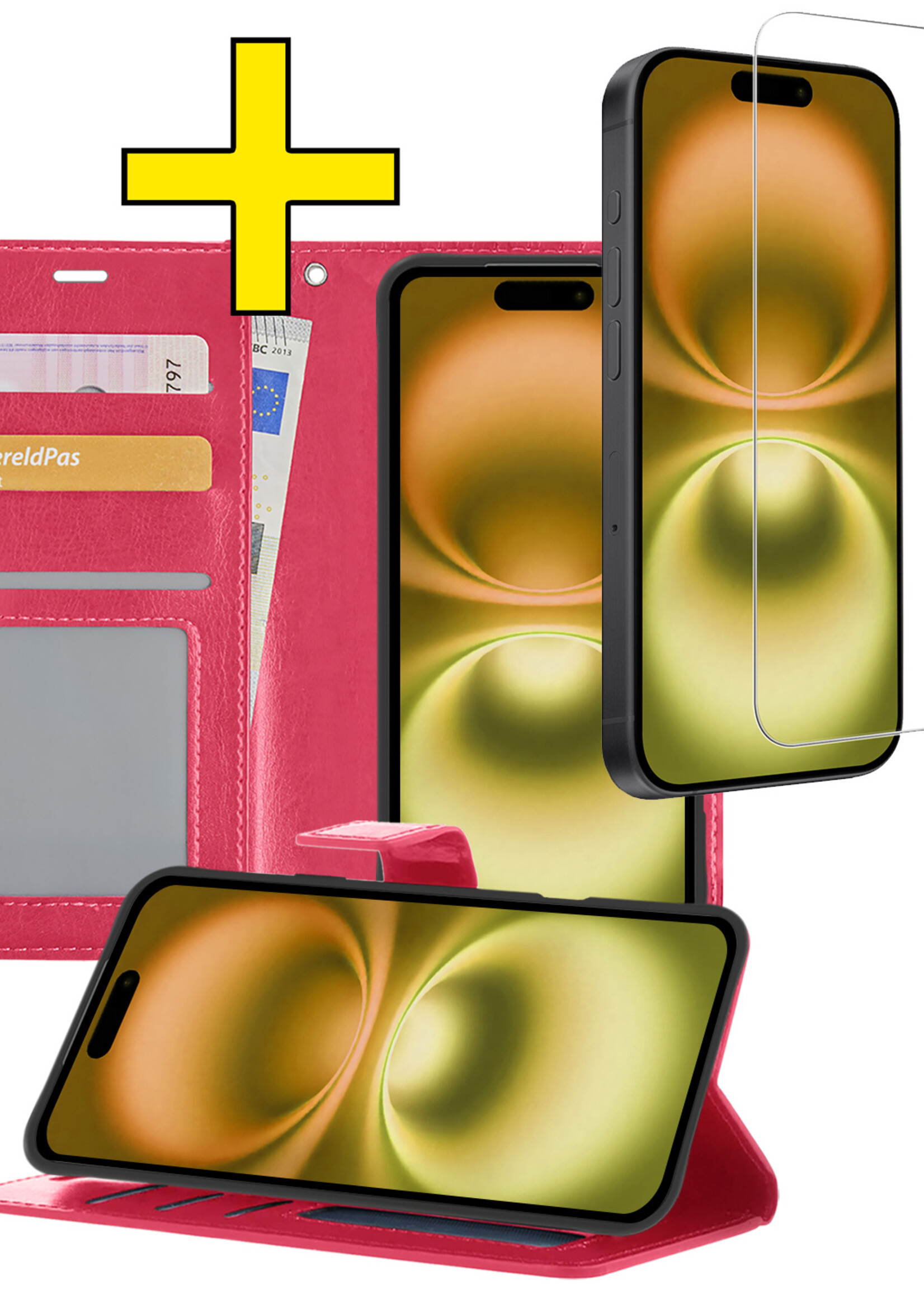 LUQ Hoesje Geschikt voor iPhone 16 Hoesje Book Case Hoes Wallet Cover Met Screenprotector - Hoes Geschikt voor iPhone 16 Hoesje Bookcase Hoes - Donkerroze