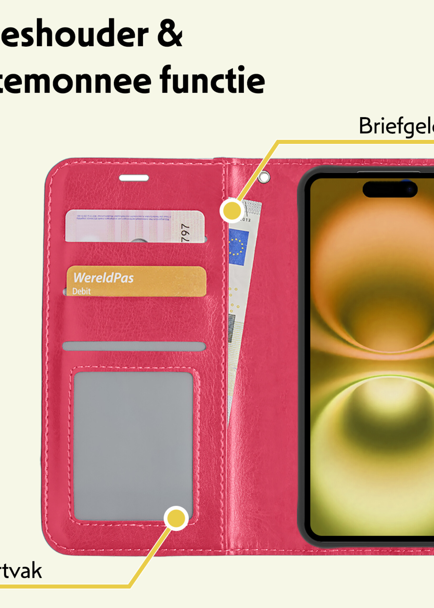 LUQ Hoesje Geschikt voor iPhone 16 Hoesje Book Case Hoes Wallet Cover Met Screenprotector - Hoes Geschikt voor iPhone 16 Hoesje Bookcase Hoes - Donkerroze