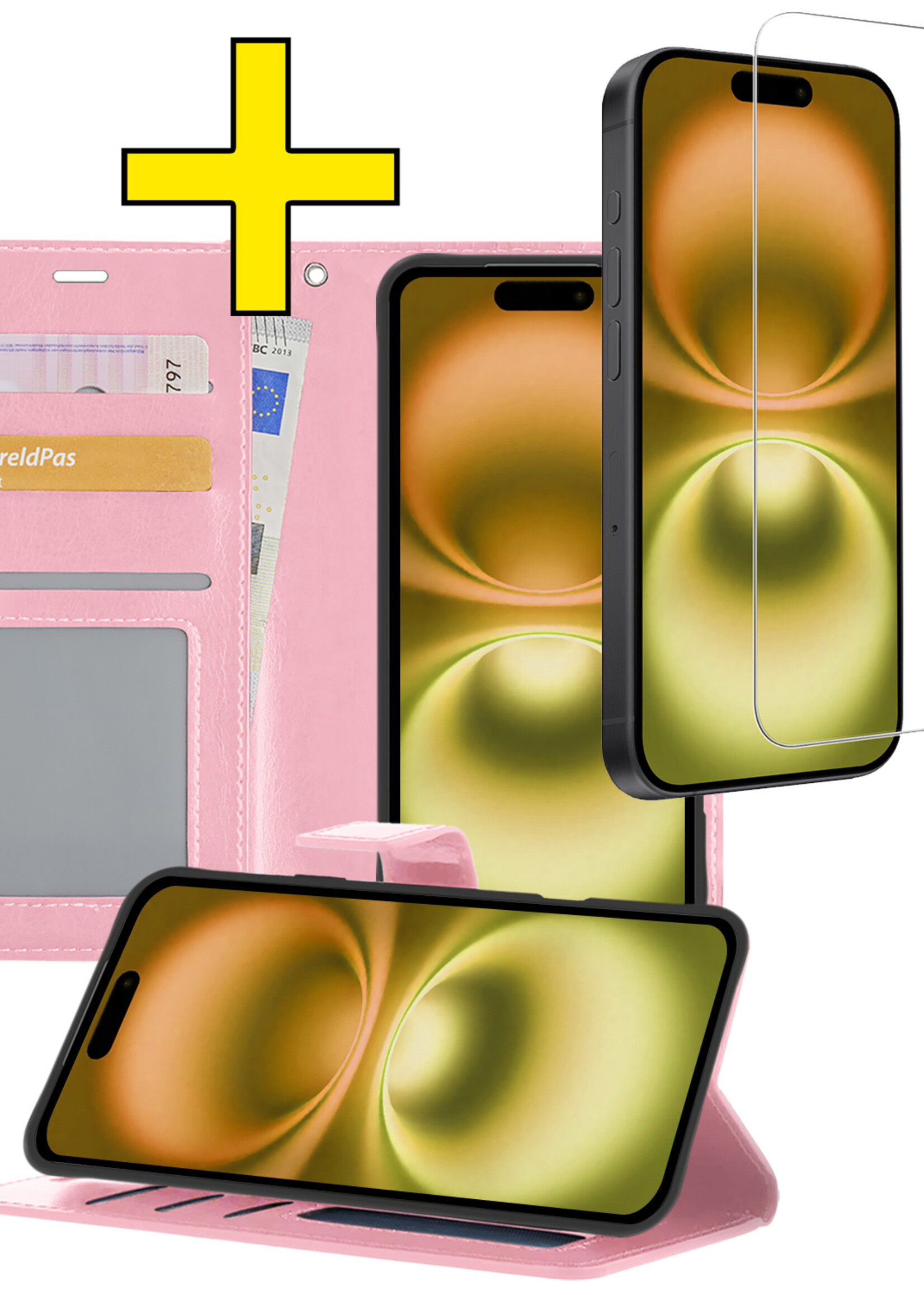 LUQ Hoesje Geschikt voor iPhone 16 Hoesje Book Case Hoes Wallet Cover Met Screenprotector - Hoes Geschikt voor iPhone 16 Hoesje Bookcase Hoes - Lichtroze