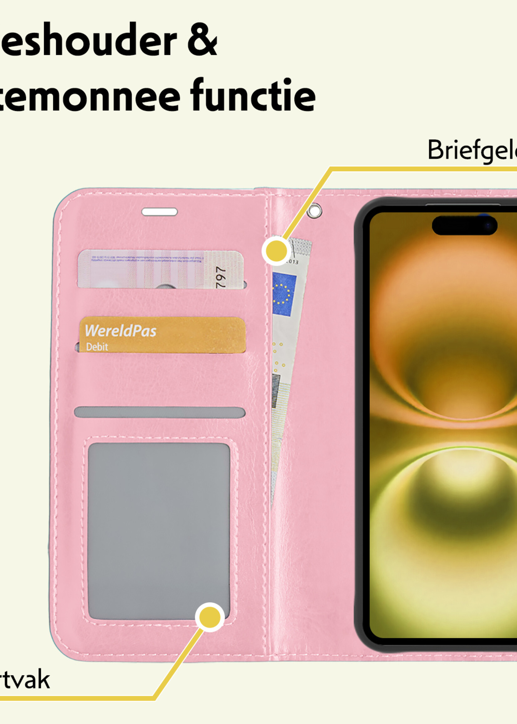 LUQ Hoesje Geschikt voor iPhone 16 Hoesje Book Case Hoes Wallet Cover Met Screenprotector - Hoes Geschikt voor iPhone 16 Hoesje Bookcase Hoes - Lichtroze