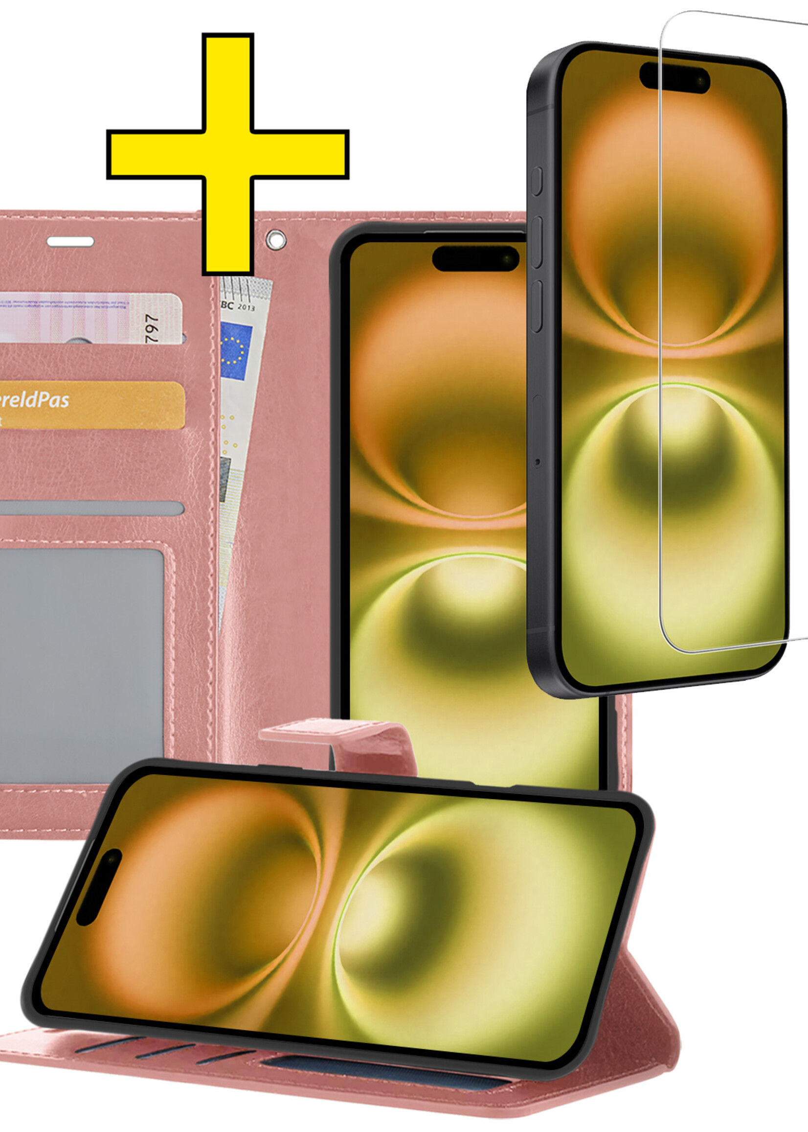 LUQ Hoesje Geschikt voor iPhone 16 Hoesje Book Case Hoes Wallet Cover Met Screenprotector - Hoes Geschikt voor iPhone 16 Hoesje Bookcase Hoes - Rosé goud