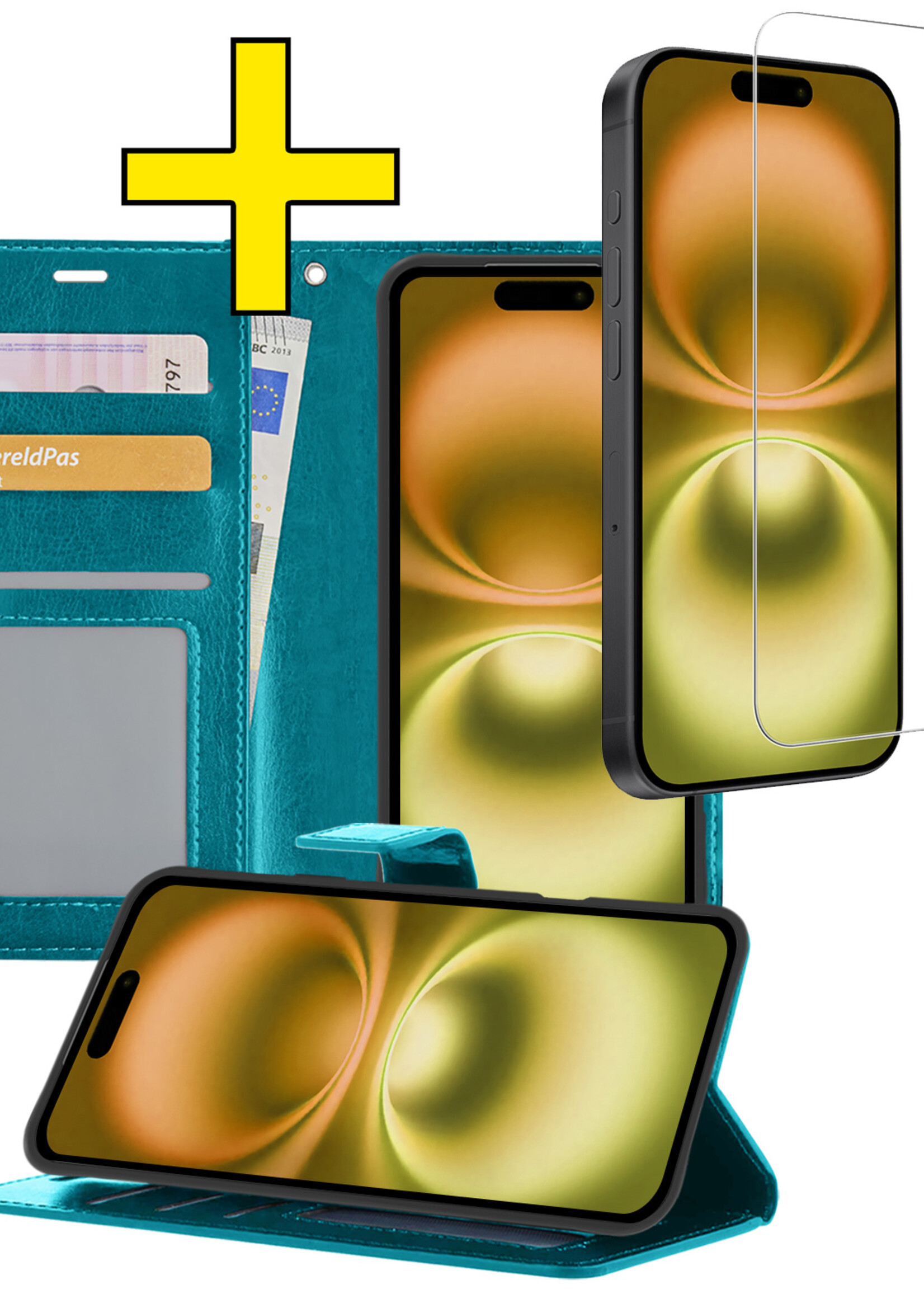 LUQ Hoesje Geschikt voor iPhone 16 Hoesje Book Case Hoes Wallet Cover Met Screenprotector - Hoes Geschikt voor iPhone 16 Hoesje Bookcase Hoes - Turquoise