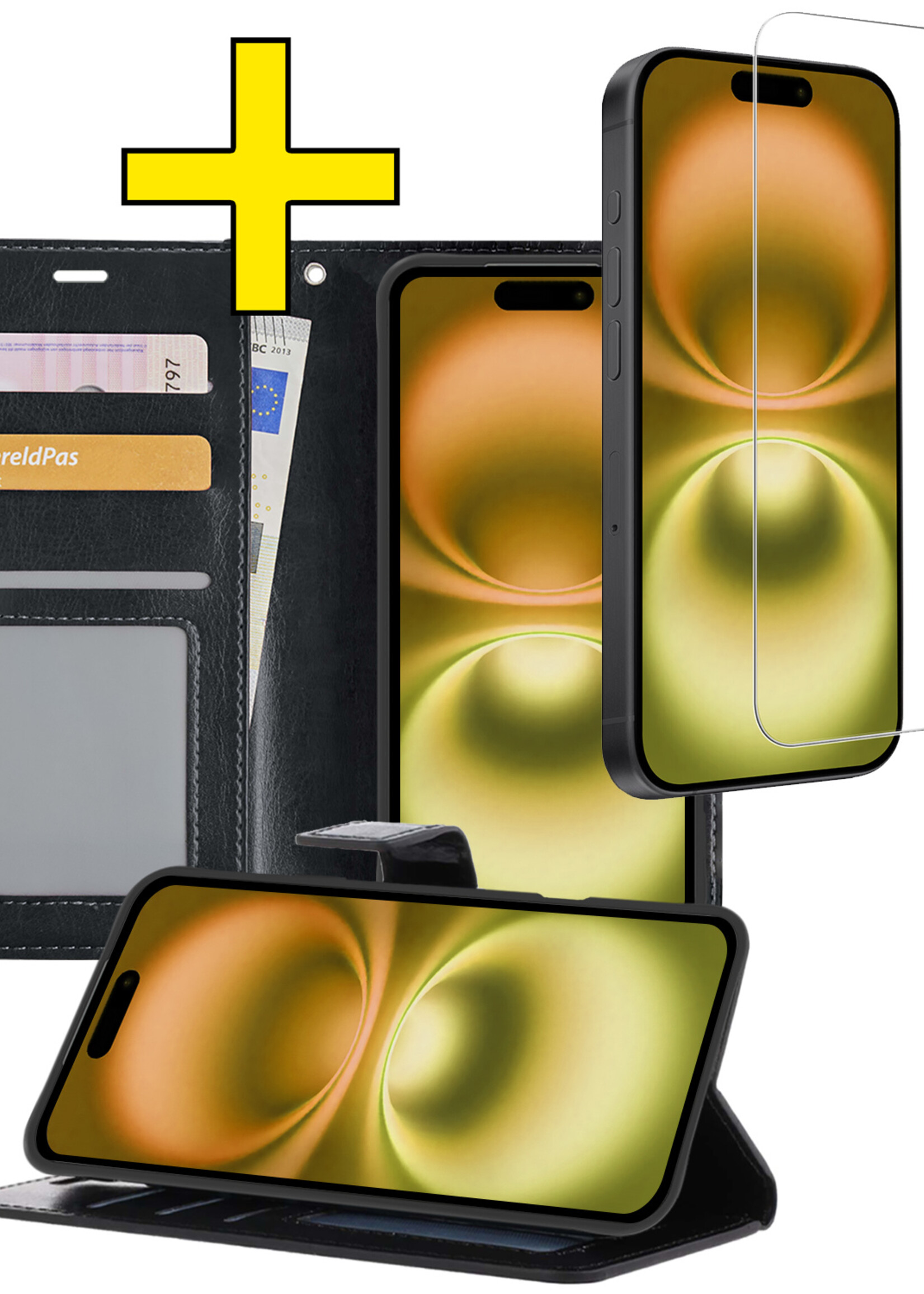 LUQ Hoesje Geschikt voor iPhone 16 Hoesje Book Case Hoes Wallet Cover Met Screenprotector - Hoes Geschikt voor iPhone 16 Hoesje Bookcase Hoes - Zwart