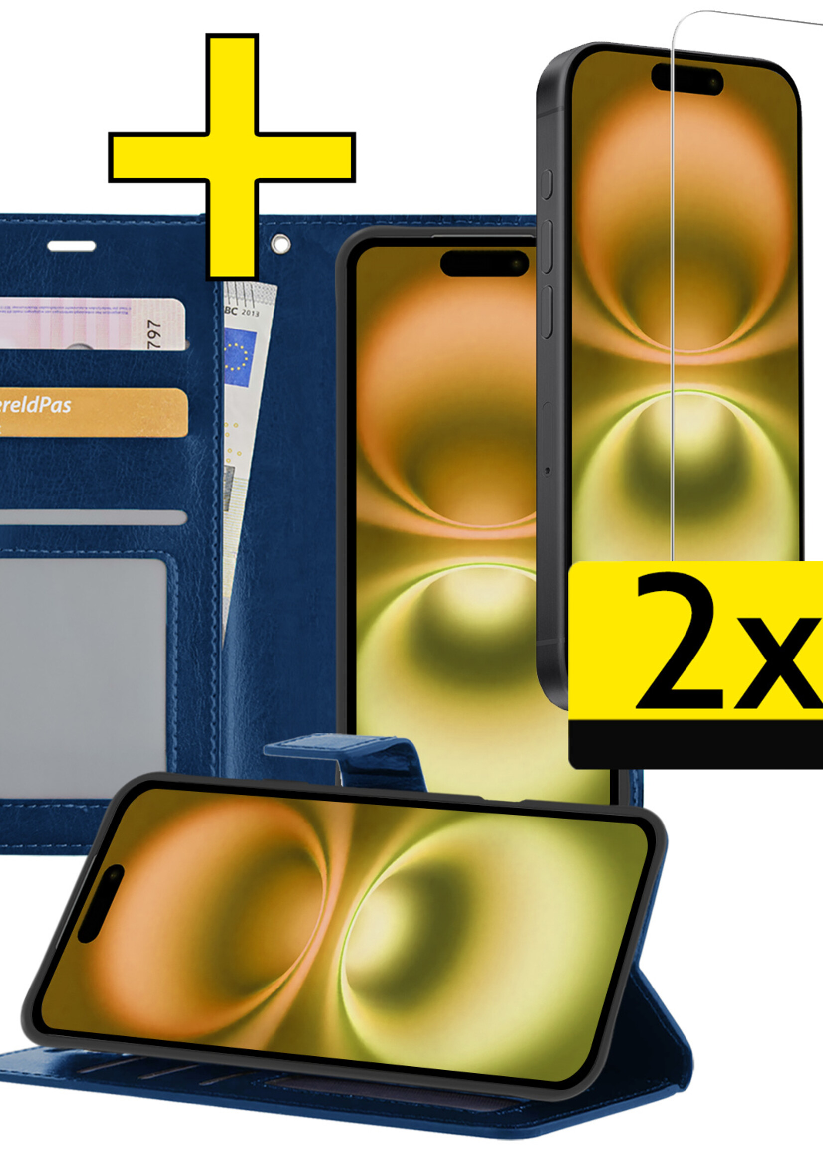 LUQ Hoesje Geschikt voor iPhone 16 Hoesje Book Case Hoes Wallet Cover Met 2x Screenprotector - Hoes Geschikt voor iPhone 16 Hoesje Bookcase Hoes - Donkerblauw