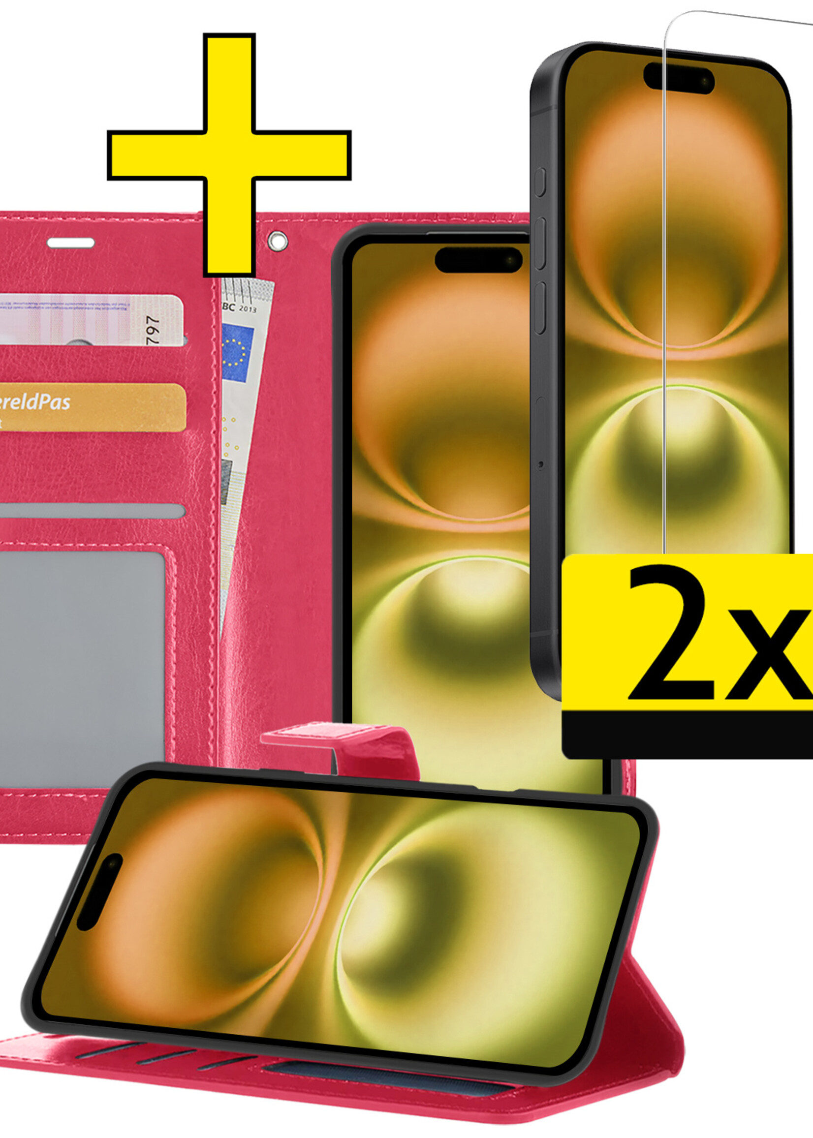 LUQ Hoesje Geschikt voor iPhone 16 Hoesje Book Case Hoes Wallet Cover Met 2x Screenprotector - Hoes Geschikt voor iPhone 16 Hoesje Bookcase Hoes - Donkerroze