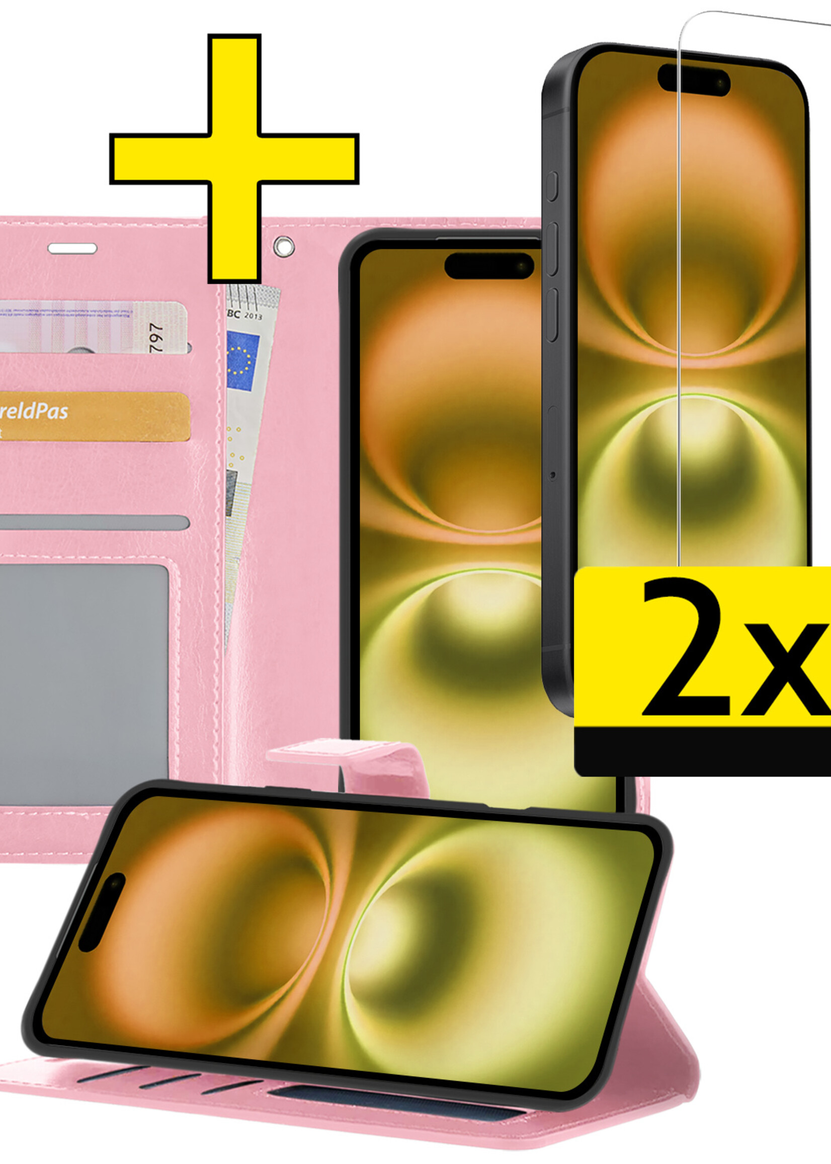 LUQ Hoesje Geschikt voor iPhone 16 Hoesje Book Case Hoes Wallet Cover Met 2x Screenprotector - Hoes Geschikt voor iPhone 16 Hoesje Bookcase Hoes - Lichtroze