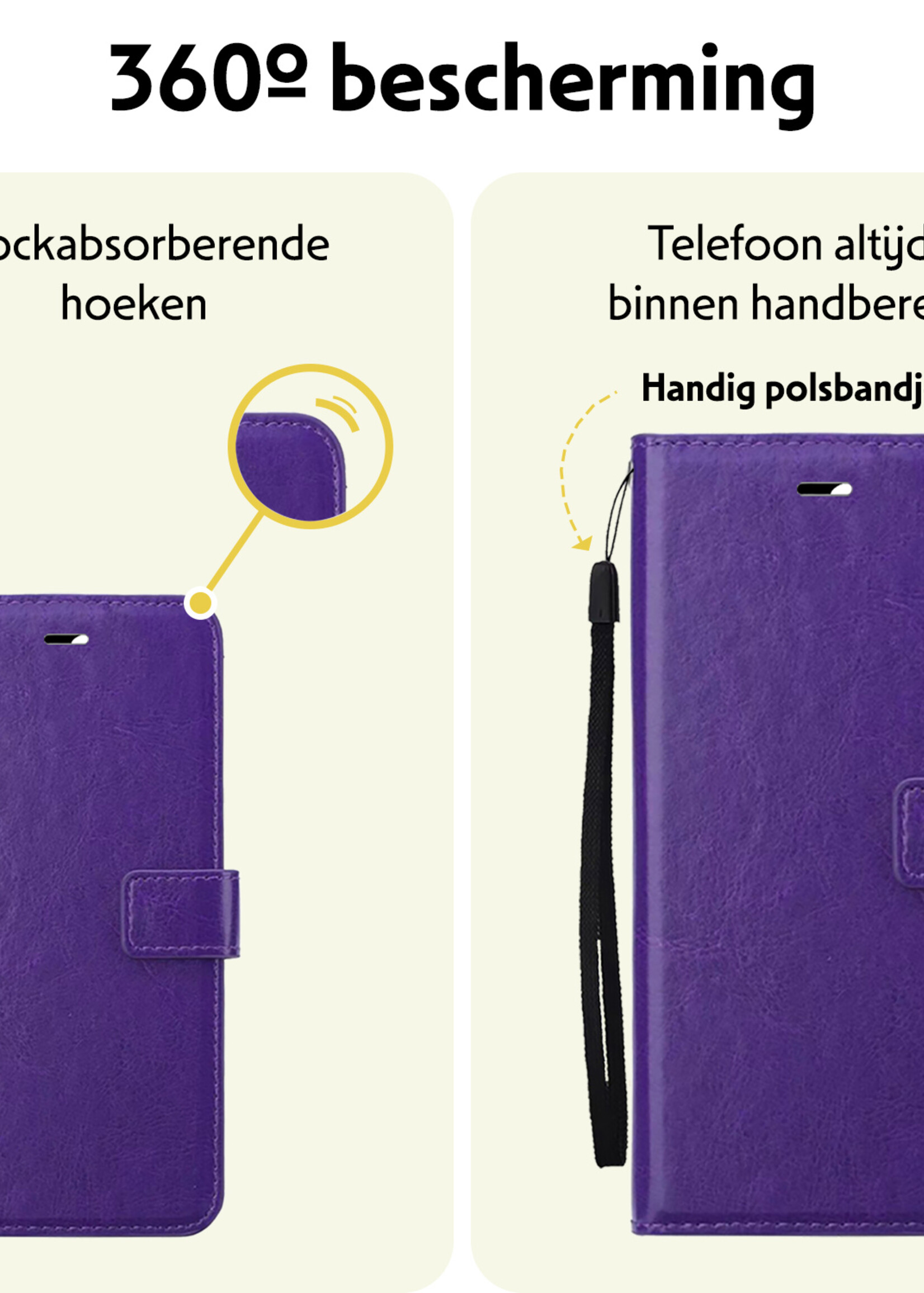 LUQ Hoesje Geschikt voor iPhone 16 Hoesje Book Case Hoes Wallet Cover Met 2x Screenprotector - Hoes Geschikt voor iPhone 16 Hoesje Bookcase Hoes - Paars