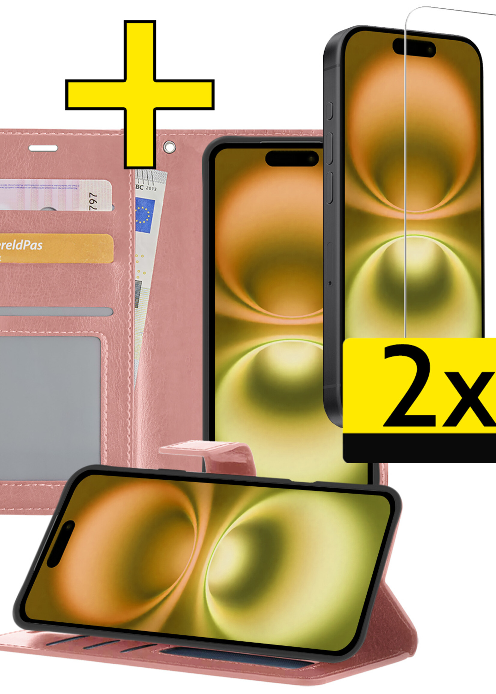 LUQ Hoesje Geschikt voor iPhone 16 Hoesje Book Case Hoes Wallet Cover Met 2x Screenprotector - Hoes Geschikt voor iPhone 16 Hoesje Bookcase Hoes - Rosé goud