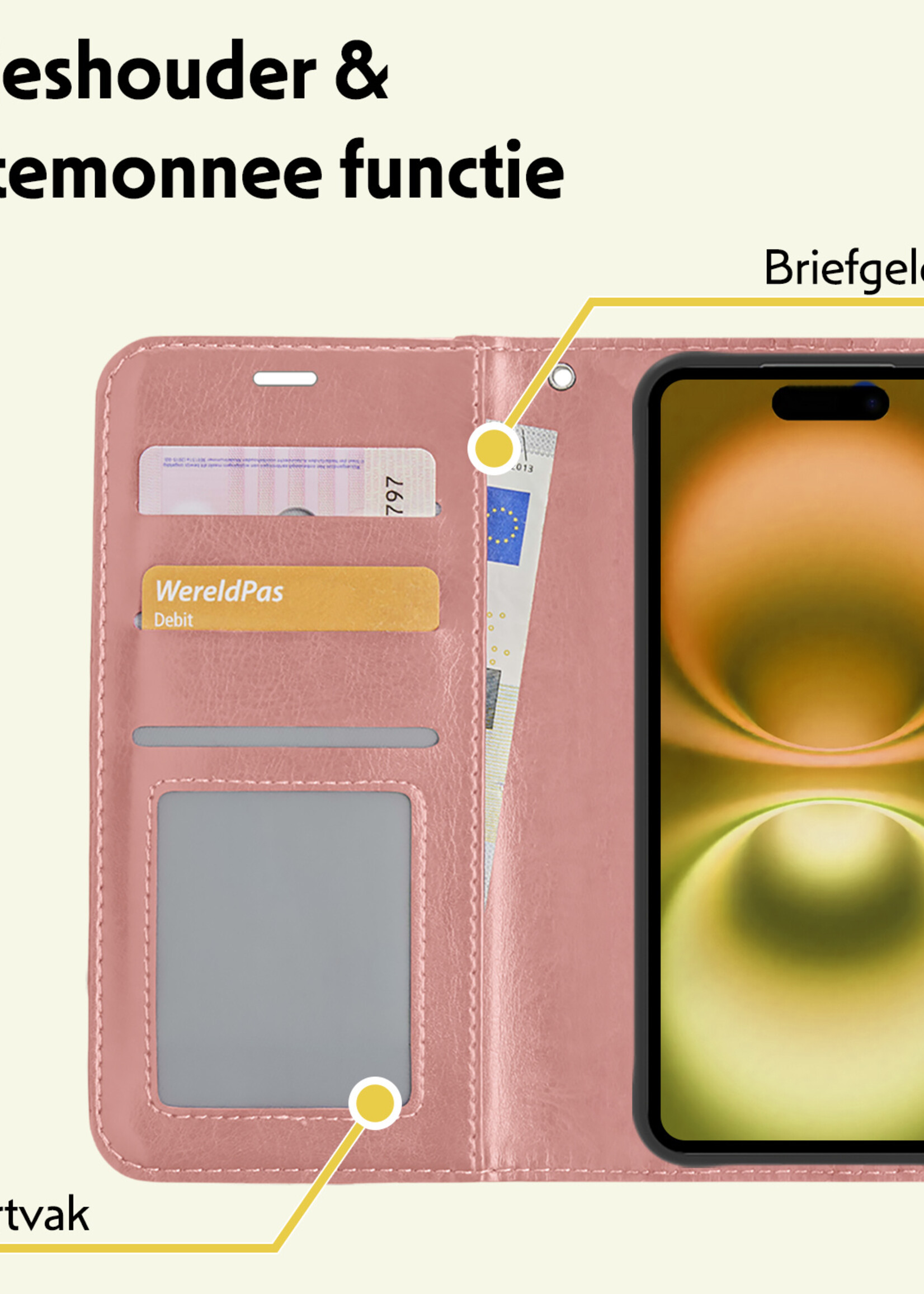 LUQ Hoesje Geschikt voor iPhone 16 Hoesje Book Case Hoes Wallet Cover Met 2x Screenprotector - Hoes Geschikt voor iPhone 16 Hoesje Bookcase Hoes - Rosé goud