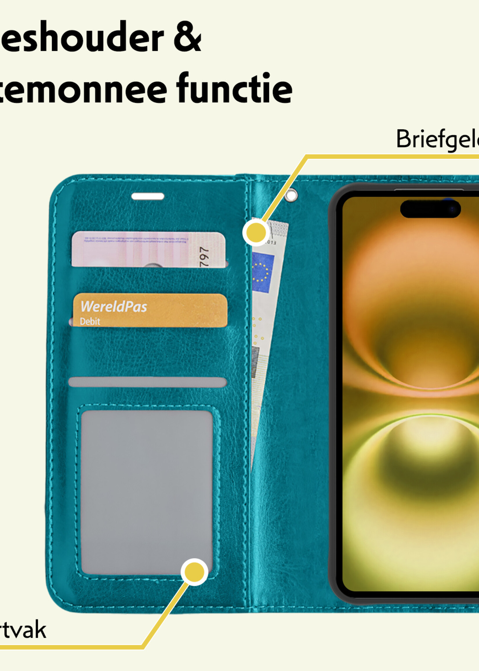 LUQ Hoesje Geschikt voor iPhone 16 Hoesje Book Case Hoes Wallet Cover Met 2x Screenprotector - Hoes Geschikt voor iPhone 16 Hoesje Bookcase Hoes - Turquoise
