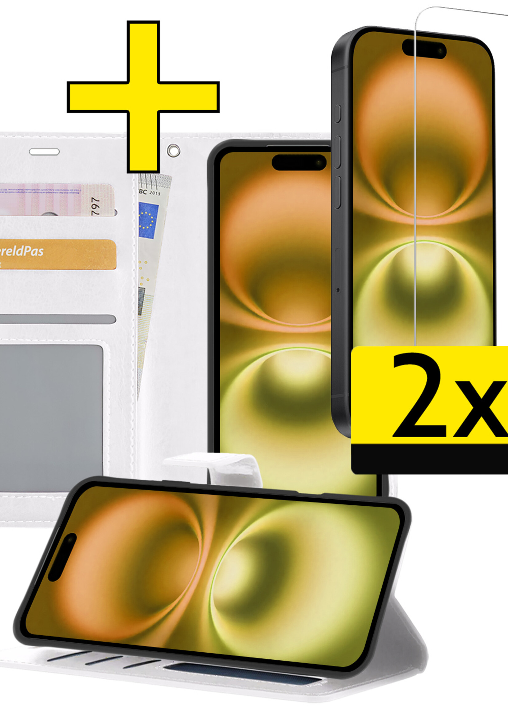 LUQ Hoesje Geschikt voor iPhone 16 Hoesje Book Case Hoes Wallet Cover Met 2x Screenprotector - Hoes Geschikt voor iPhone 16 Hoesje Bookcase Hoes - Wit