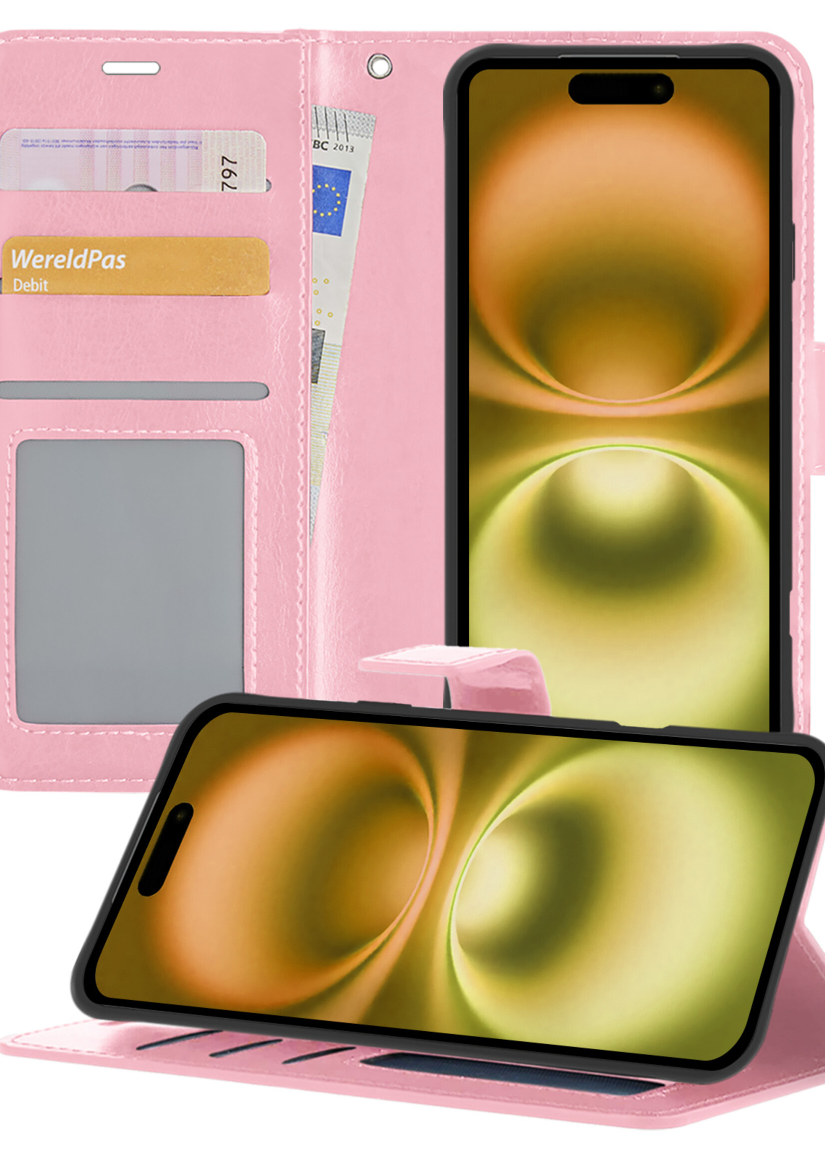 LUQ Hoesje Geschikt voor iPhone 16 Plus Hoesje Book Case Hoes Wallet Cover - Hoes Geschikt voor iPhone 16 Plus Hoesje Bookcase Hoes - Lichtroze