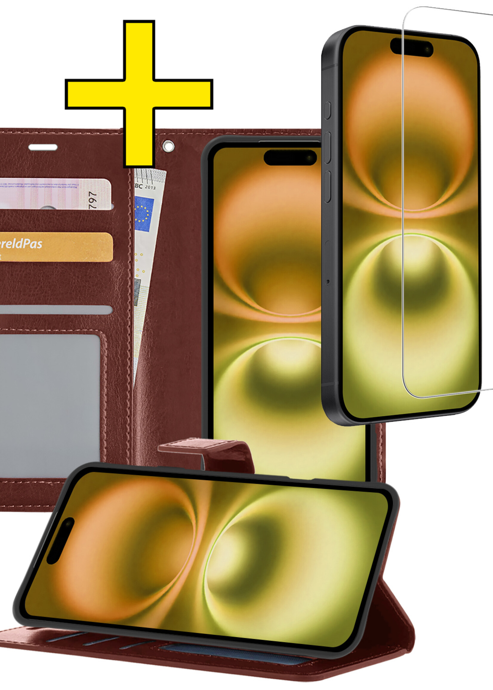 LUQ Hoesje Geschikt voor iPhone 16 Plus Hoesje Book Case Hoes Wallet Cover Met Screenprotector - Hoes Geschikt voor iPhone 16 Plus Hoesje Bookcase Hoes - Bruin