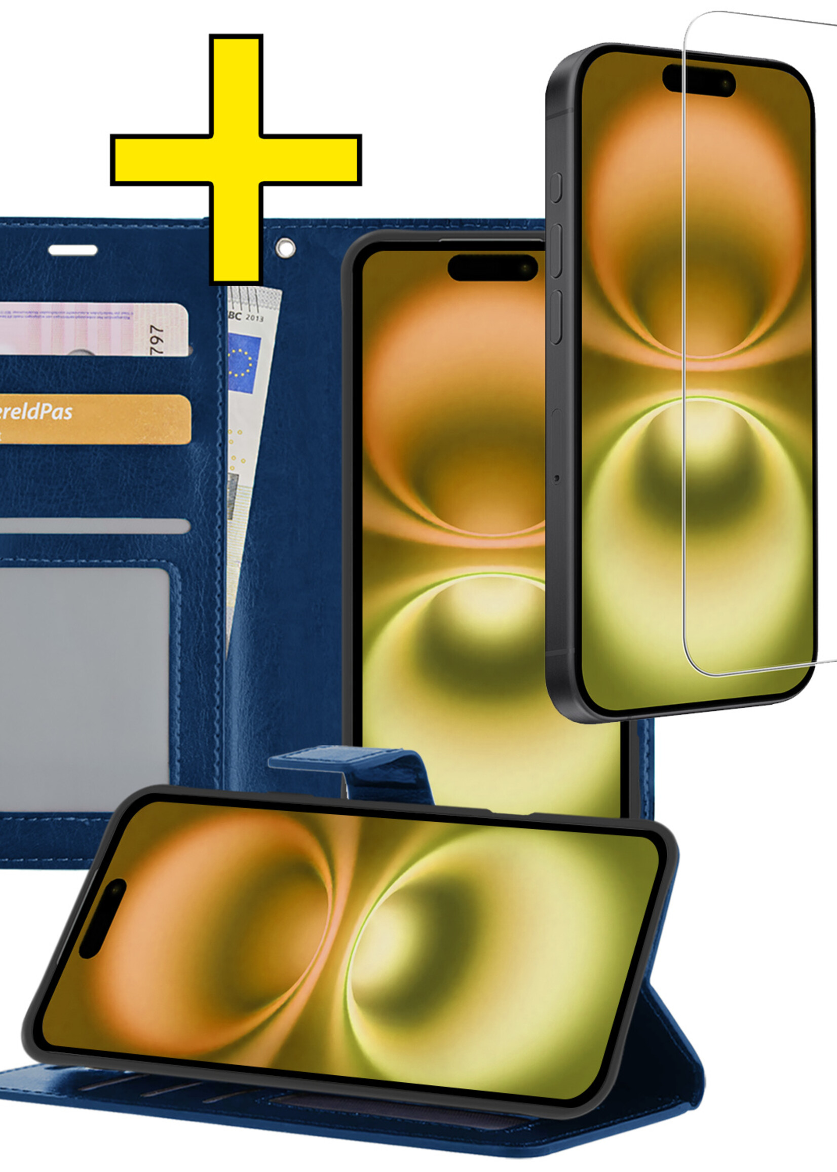 LUQ Hoesje Geschikt voor iPhone 16 Plus Hoesje Book Case Hoes Wallet Cover Met Screenprotector - Hoes Geschikt voor iPhone 16 Plus Hoesje Bookcase Hoes - Donkerblauw