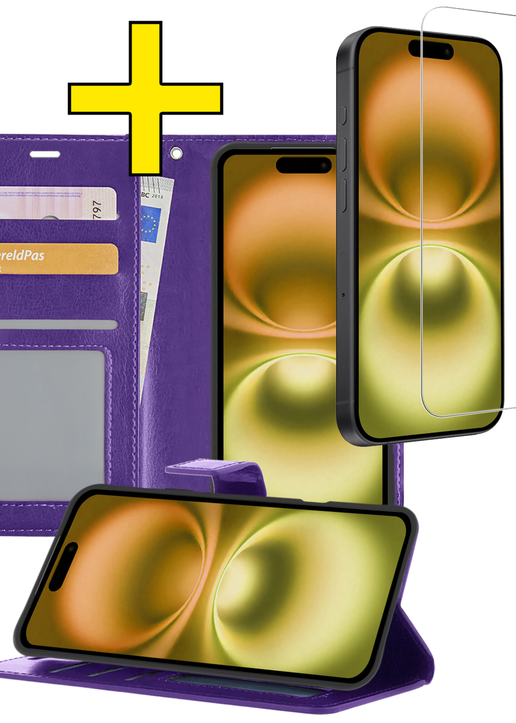 LUQ Hoesje Geschikt voor iPhone 16 Plus Hoesje Book Case Hoes Wallet Cover Met Screenprotector - Hoes Geschikt voor iPhone 16 Plus Hoesje Bookcase Hoes - Paars