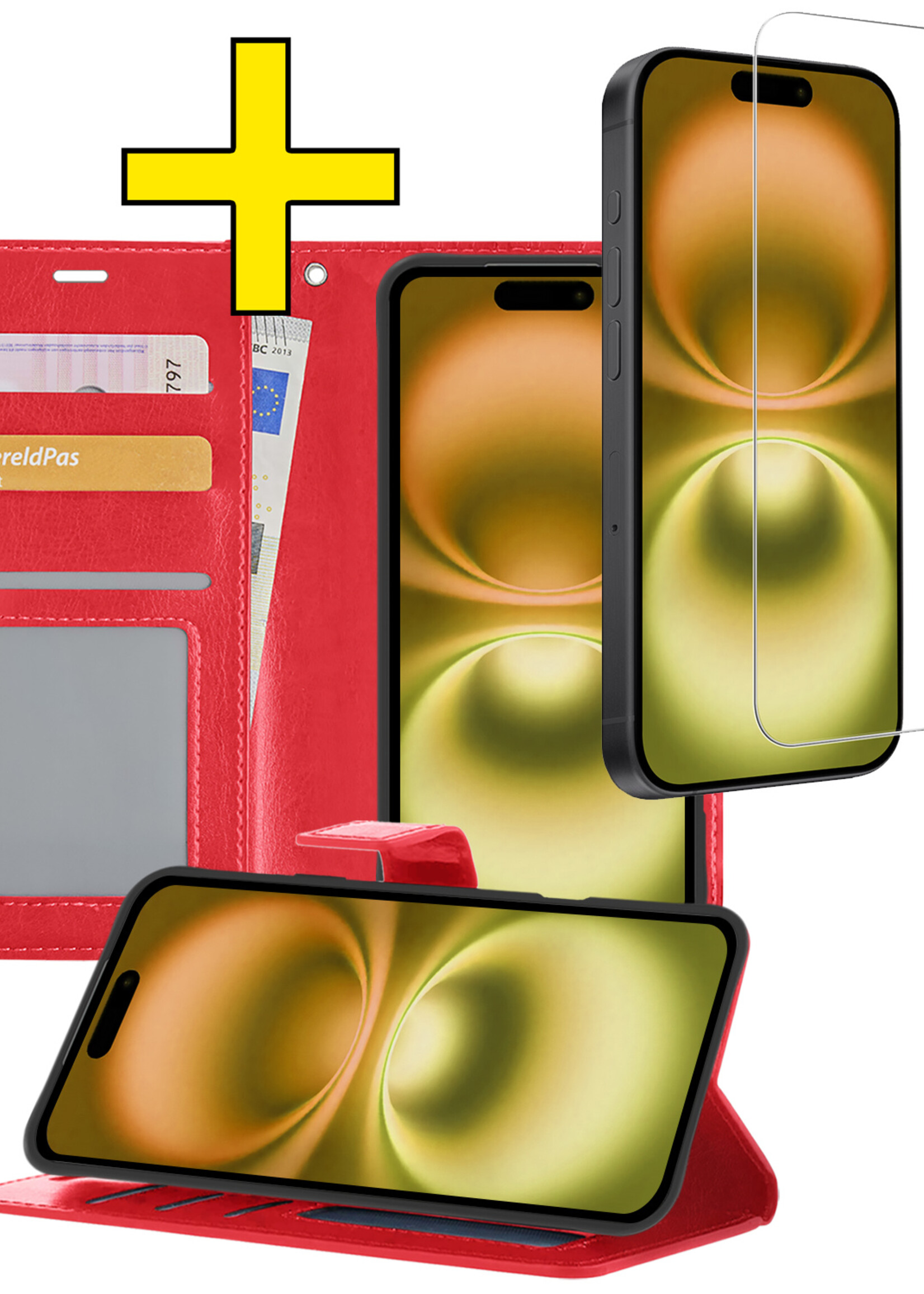 LUQ Hoesje Geschikt voor iPhone 16 Plus Hoesje Book Case Hoes Wallet Cover Met Screenprotector - Hoes Geschikt voor iPhone 16 Plus Hoesje Bookcase Hoes - Rood