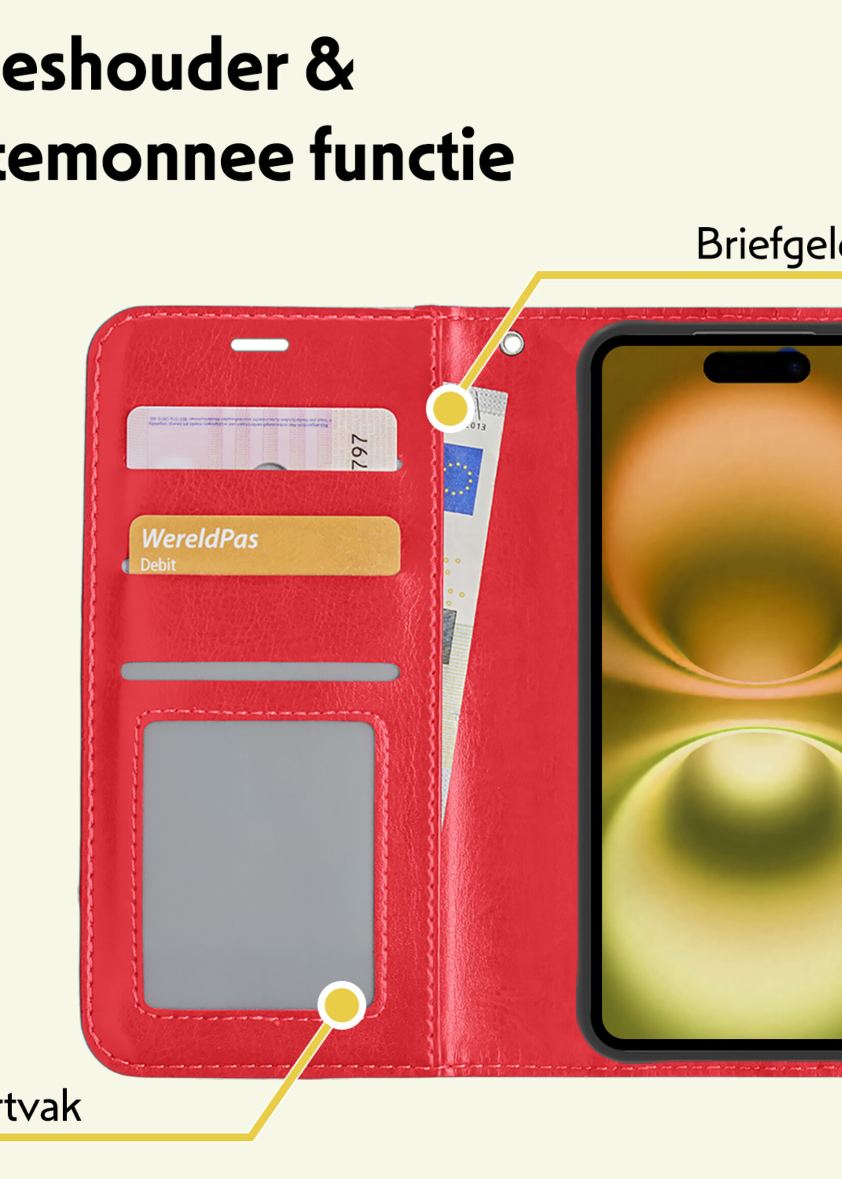 LUQ Hoesje Geschikt voor iPhone 16 Plus Hoesje Book Case Hoes Wallet Cover Met Screenprotector - Hoes Geschikt voor iPhone 16 Plus Hoesje Bookcase Hoes - Rood