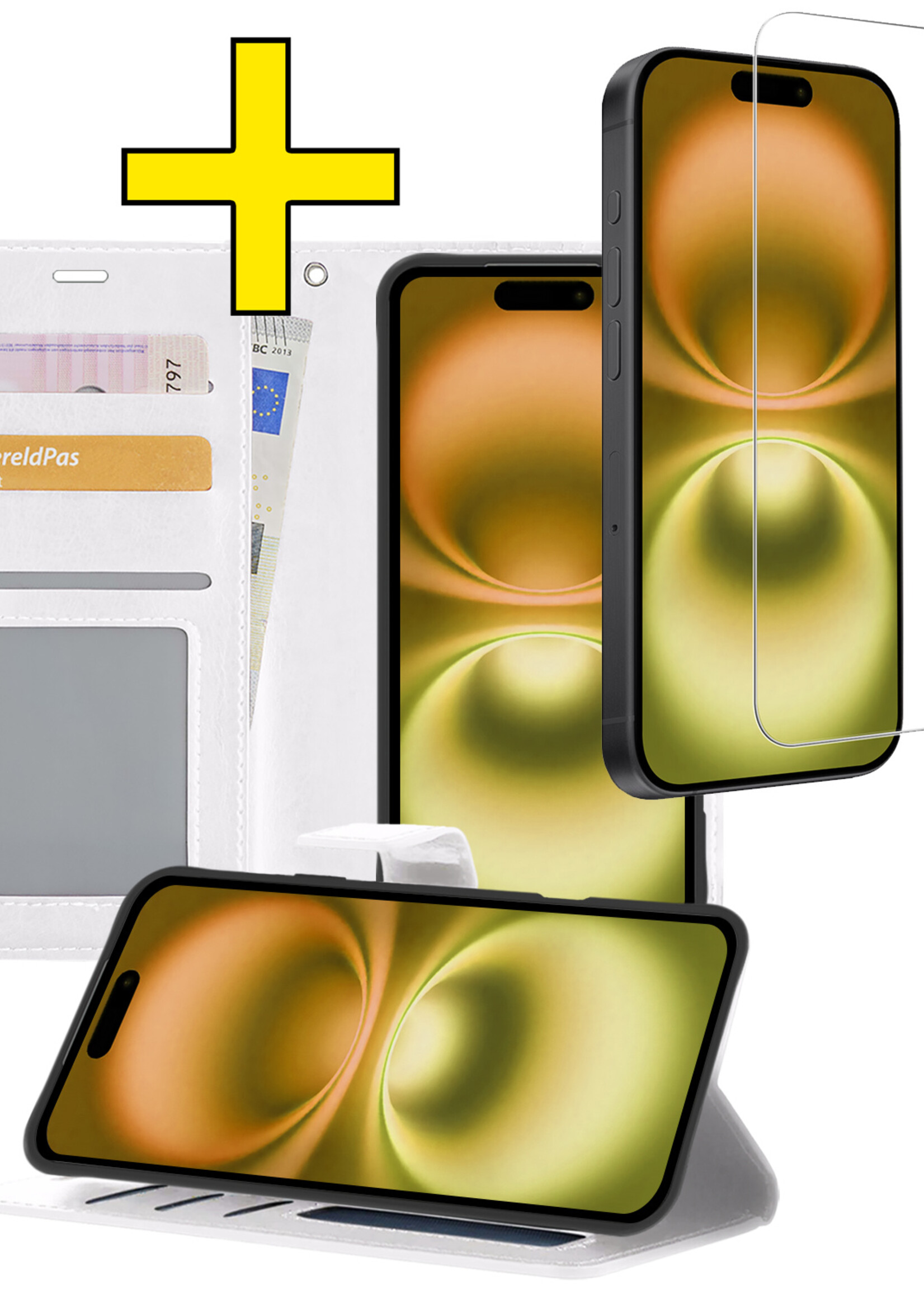 LUQ Hoesje Geschikt voor iPhone 16 Plus Hoesje Book Case Hoes Wallet Cover Met Screenprotector - Hoes Geschikt voor iPhone 16 Plus Hoesje Bookcase Hoes - Wit