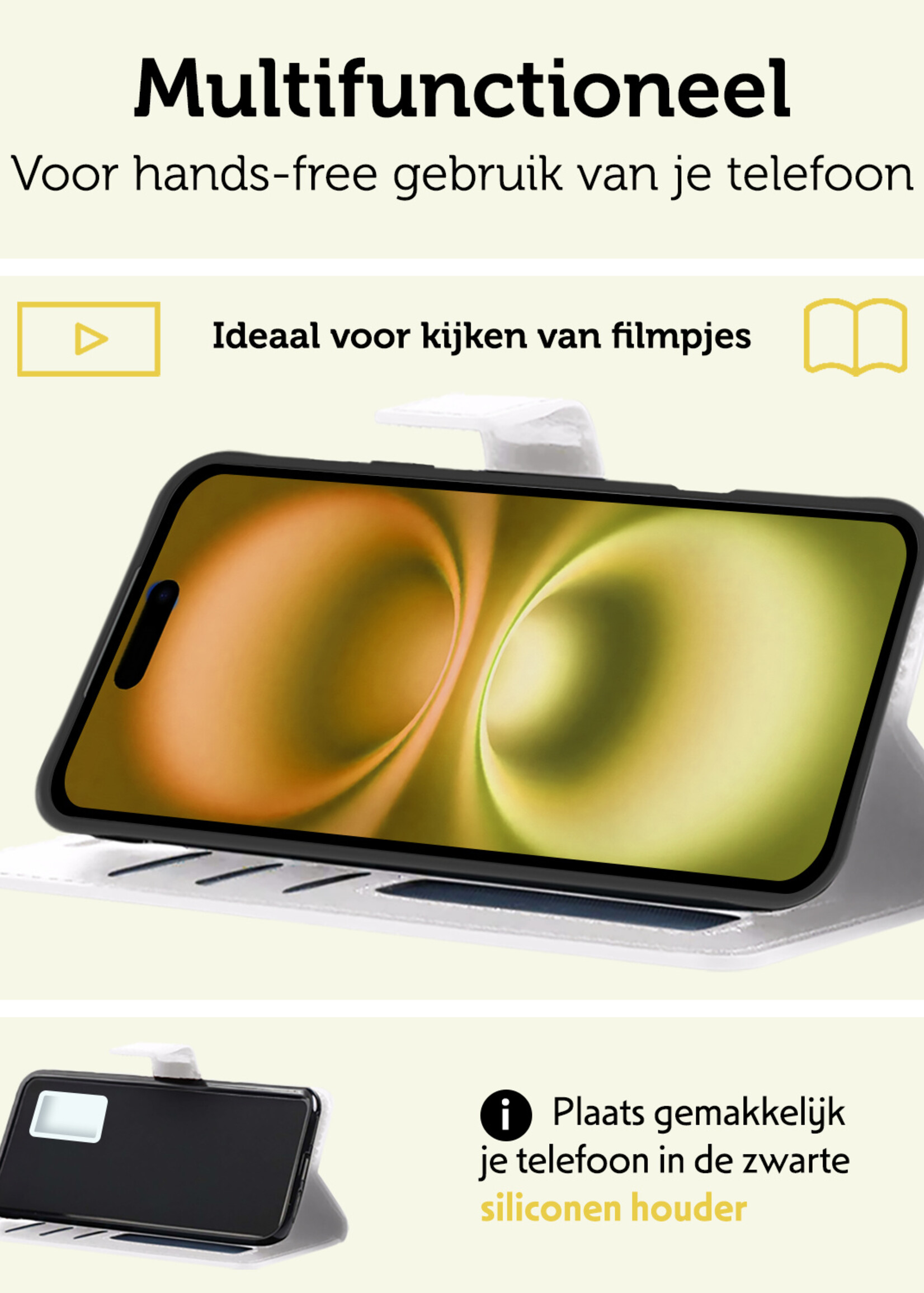 LUQ Hoesje Geschikt voor iPhone 16 Plus Hoesje Book Case Hoes Wallet Cover Met Screenprotector - Hoes Geschikt voor iPhone 16 Plus Hoesje Bookcase Hoes - Wit