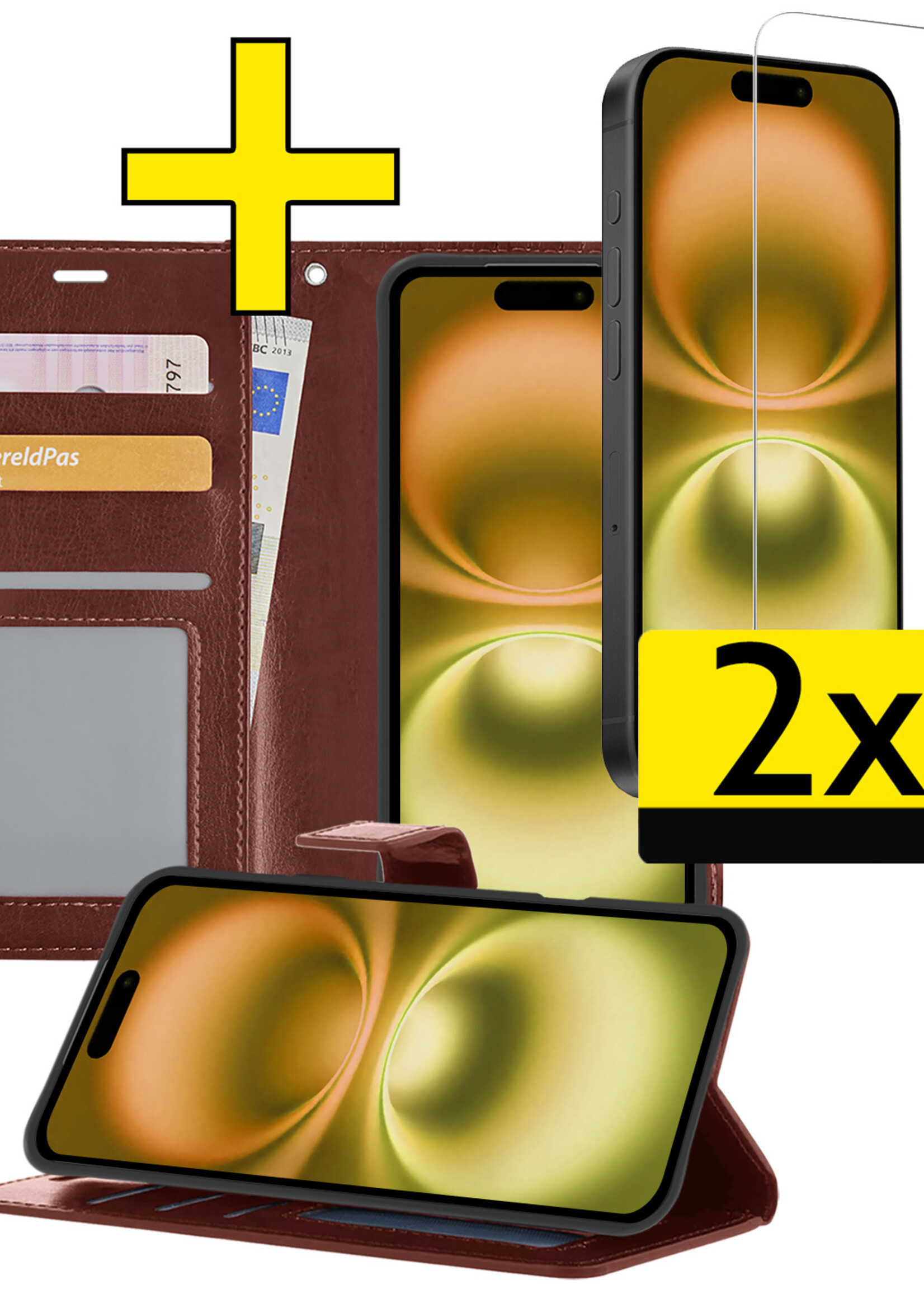LUQ Hoesje Geschikt voor iPhone 16 Plus Hoesje Book Case Hoes Wallet Cover Met 2x Screenprotector - Hoes Geschikt voor iPhone 16 Plus Hoesje Bookcase Hoes - Bruin