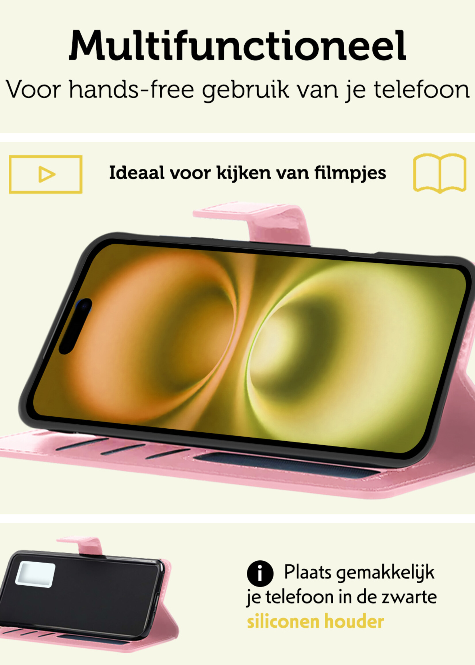 LUQ Hoesje Geschikt voor iPhone 16 Plus Hoesje Book Case Hoes Wallet Cover Met 2x Screenprotector - Hoes Geschikt voor iPhone 16 Plus Hoesje Bookcase Hoes - Lichtroze