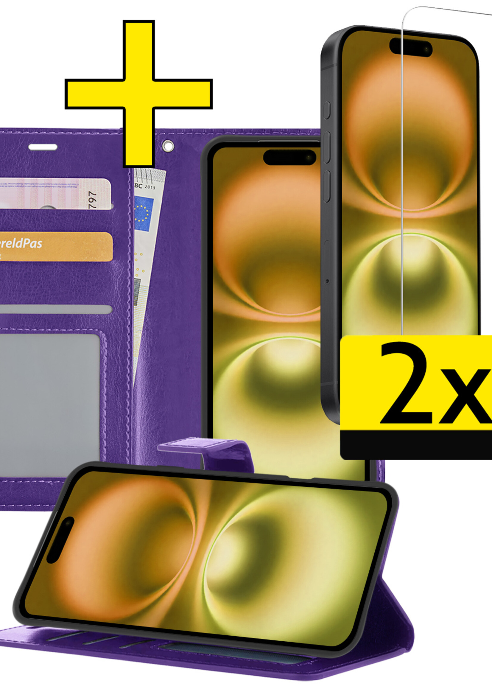 LUQ Hoesje Geschikt voor iPhone 16 Plus Hoesje Book Case Hoes Wallet Cover Met 2x Screenprotector - Hoes Geschikt voor iPhone 16 Plus Hoesje Bookcase Hoes - Paars