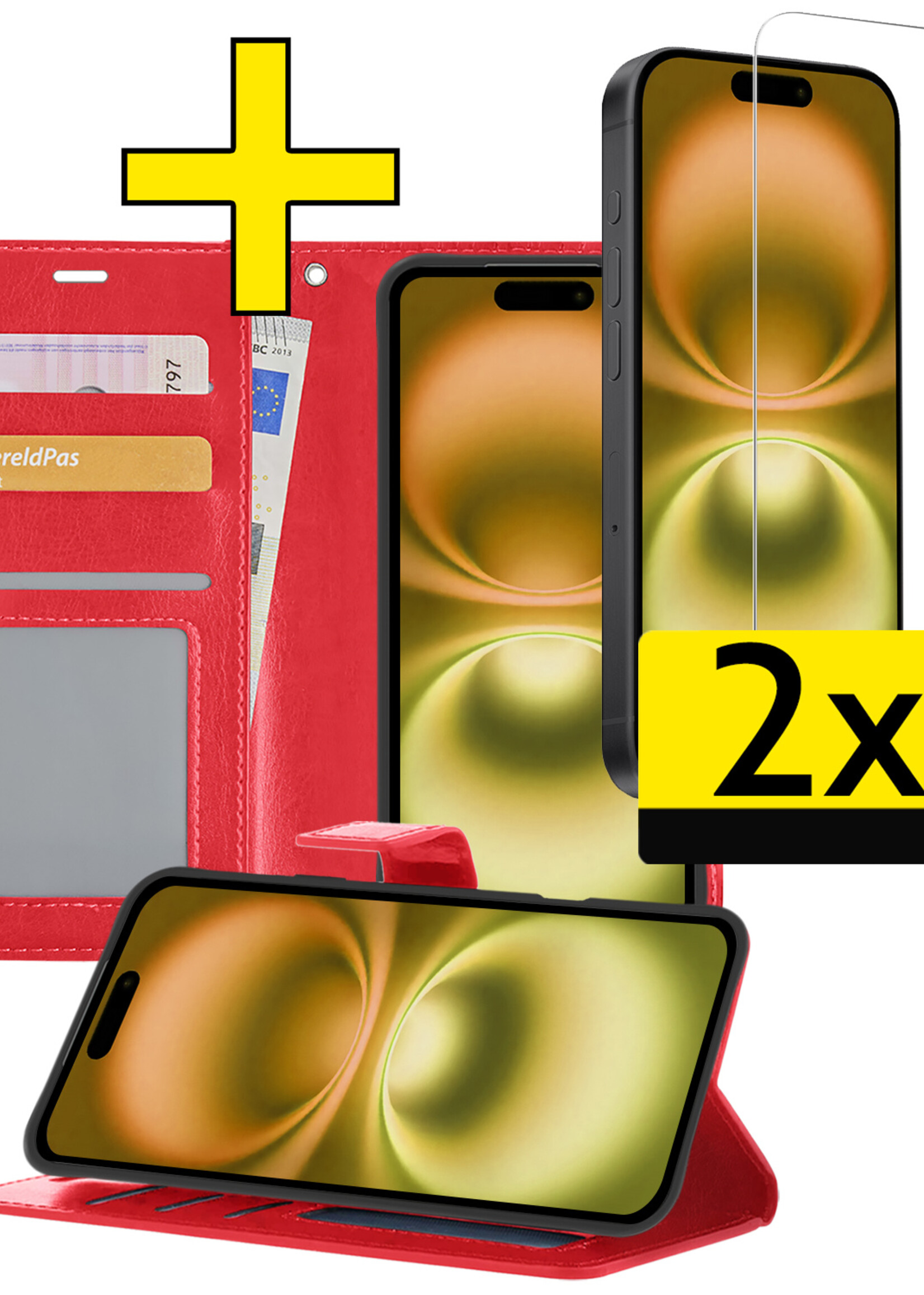 LUQ Hoesje Geschikt voor iPhone 16 Plus Hoesje Book Case Hoes Wallet Cover Met 2x Screenprotector - Hoes Geschikt voor iPhone 16 Plus Hoesje Bookcase Hoes - Rood