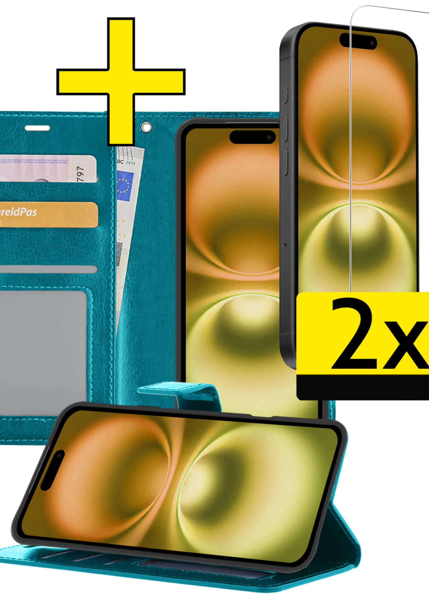 LUQ Hoesje Geschikt voor iPhone 16 Plus Hoesje Book Case Hoes Wallet Cover Met 2x Screenprotector - Hoes Geschikt voor iPhone 16 Plus Hoesje Bookcase Hoes - Turquoise