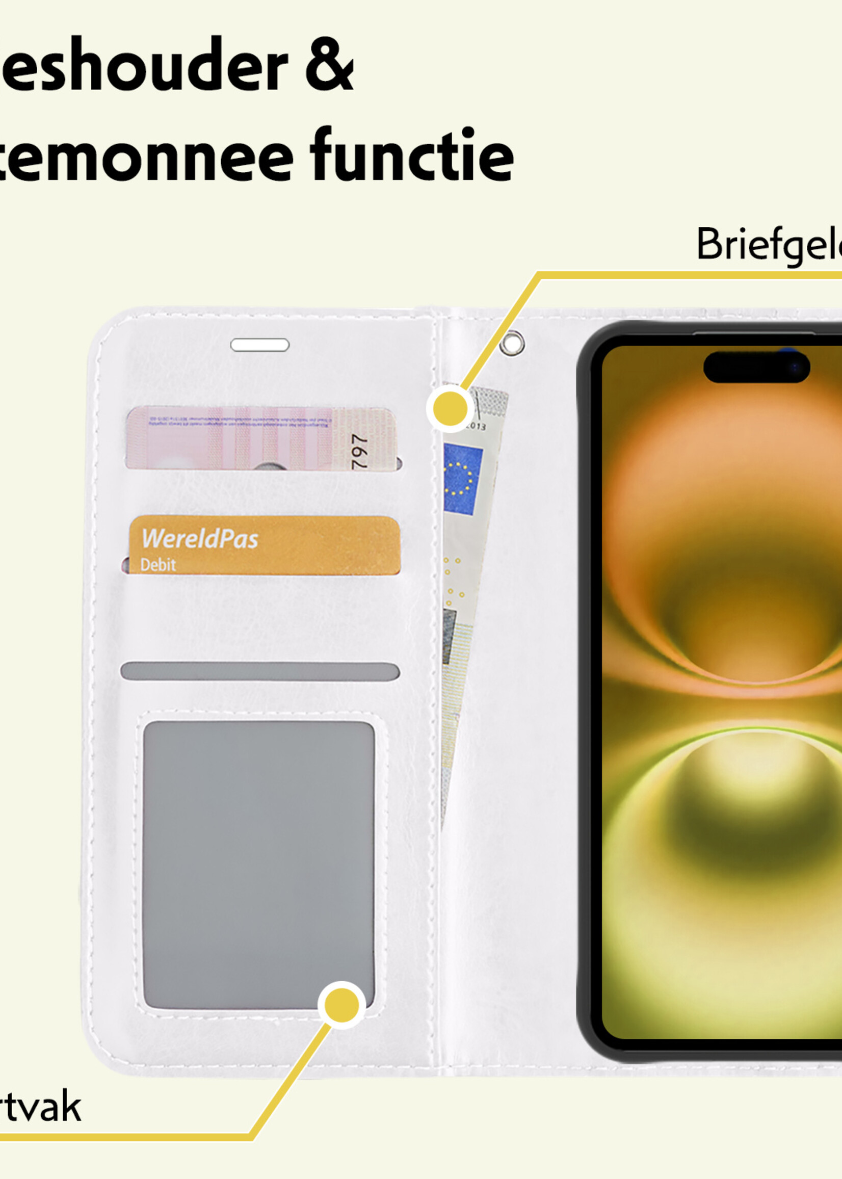 LUQ Hoesje Geschikt voor iPhone 16 Plus Hoesje Book Case Hoes Wallet Cover Met 2x Screenprotector - Hoes Geschikt voor iPhone 16 Plus Hoesje Bookcase Hoes - Wit