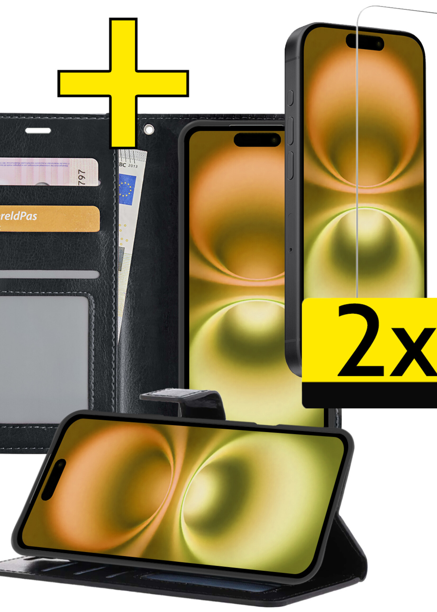 LUQ Hoesje Geschikt voor iPhone 16 Plus Hoesje Book Case Hoes Wallet Cover Met 2x Screenprotector - Hoes Geschikt voor iPhone 16 Plus Hoesje Bookcase Hoes - Zwart