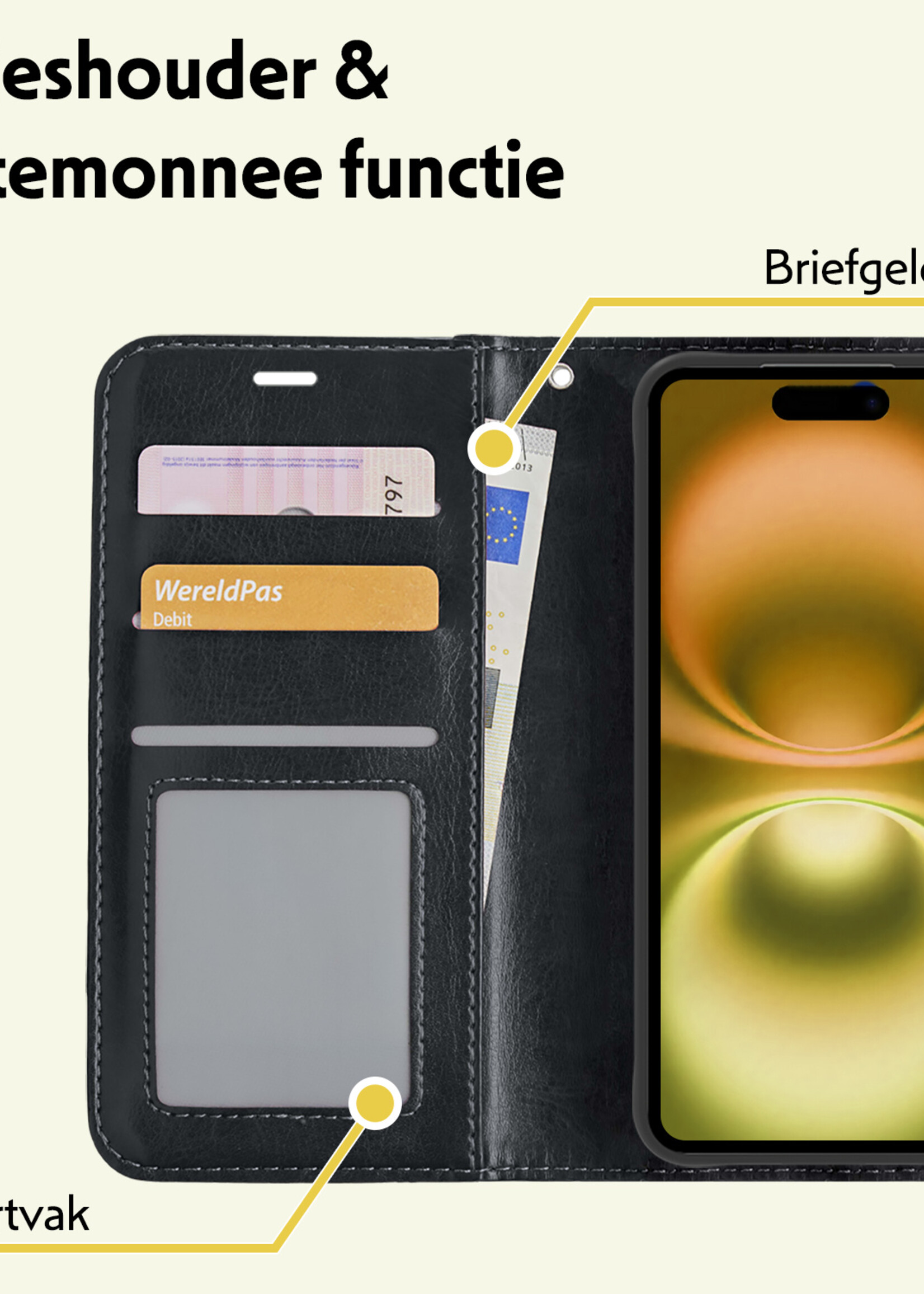 LUQ Hoesje Geschikt voor iPhone 16 Plus Hoesje Book Case Hoes Wallet Cover Met 2x Screenprotector - Hoes Geschikt voor iPhone 16 Plus Hoesje Bookcase Hoes - Zwart