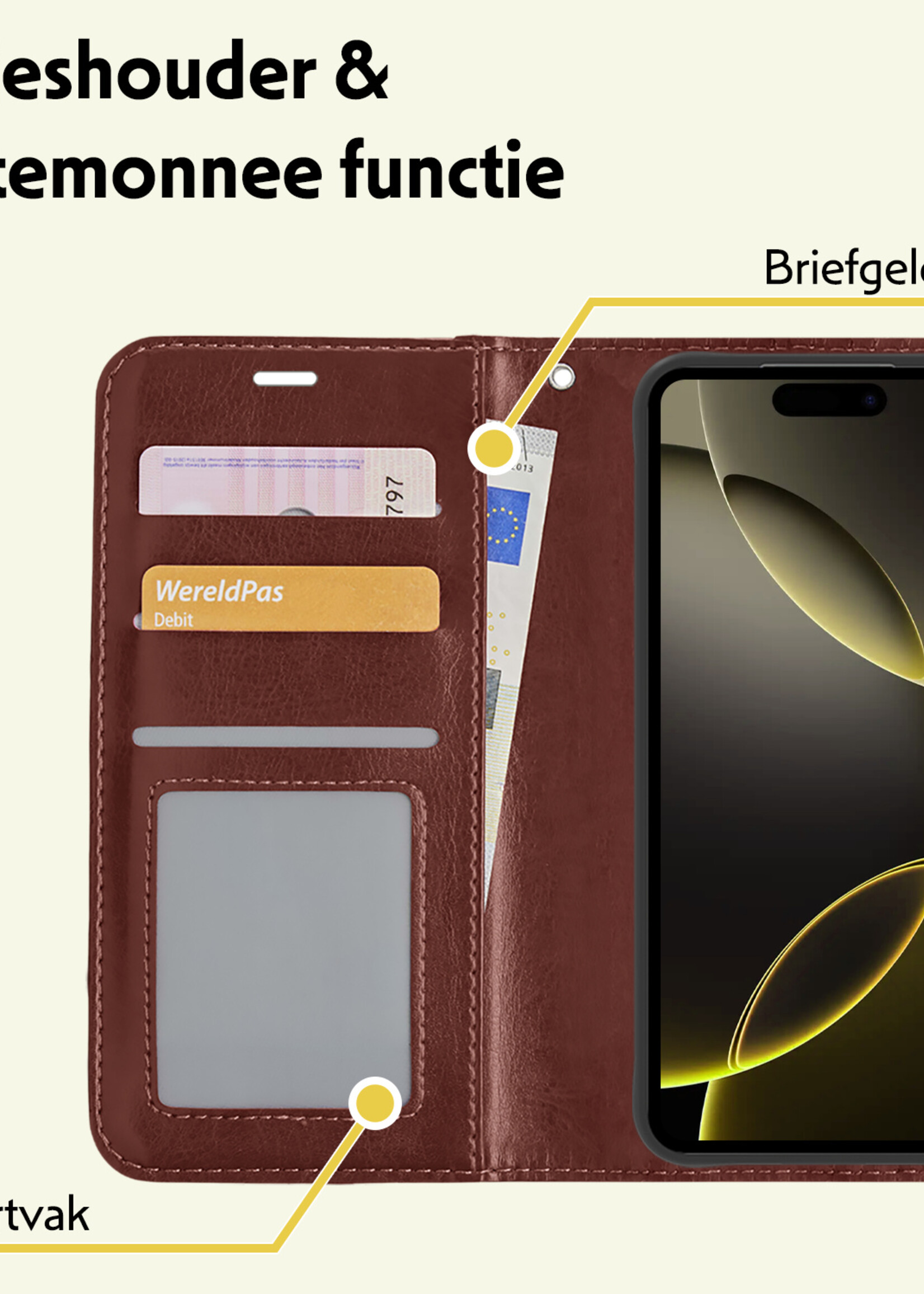 LUQ Hoesje Geschikt voor iPhone 16 Pro Hoesje Book Case Hoes Wallet Cover - Hoes Geschikt voor iPhone 16 Pro Hoesje Bookcase Hoes - Bruin