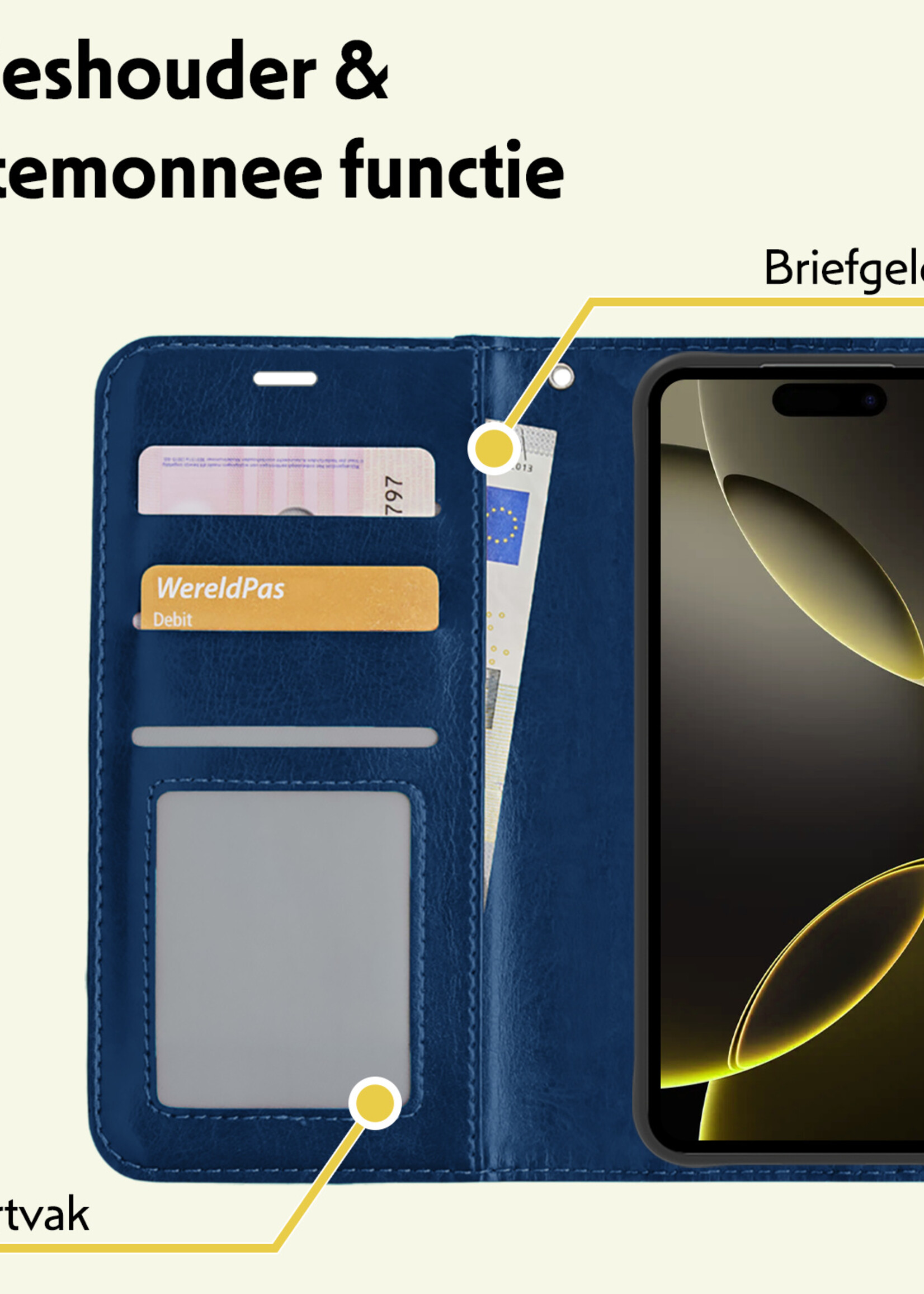 LUQ Hoesje Geschikt voor iPhone 16 Pro Hoesje Book Case Hoes Wallet Cover - Hoes Geschikt voor iPhone 16 Pro Hoesje Bookcase Hoes - Donkerblauw