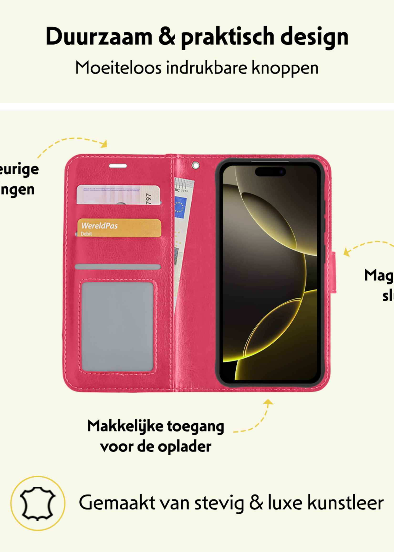 LUQ Hoesje Geschikt voor iPhone 16 Pro Hoesje Book Case Hoes Wallet Cover - Hoes Geschikt voor iPhone 16 Pro Hoesje Bookcase Hoes - Donkerroze