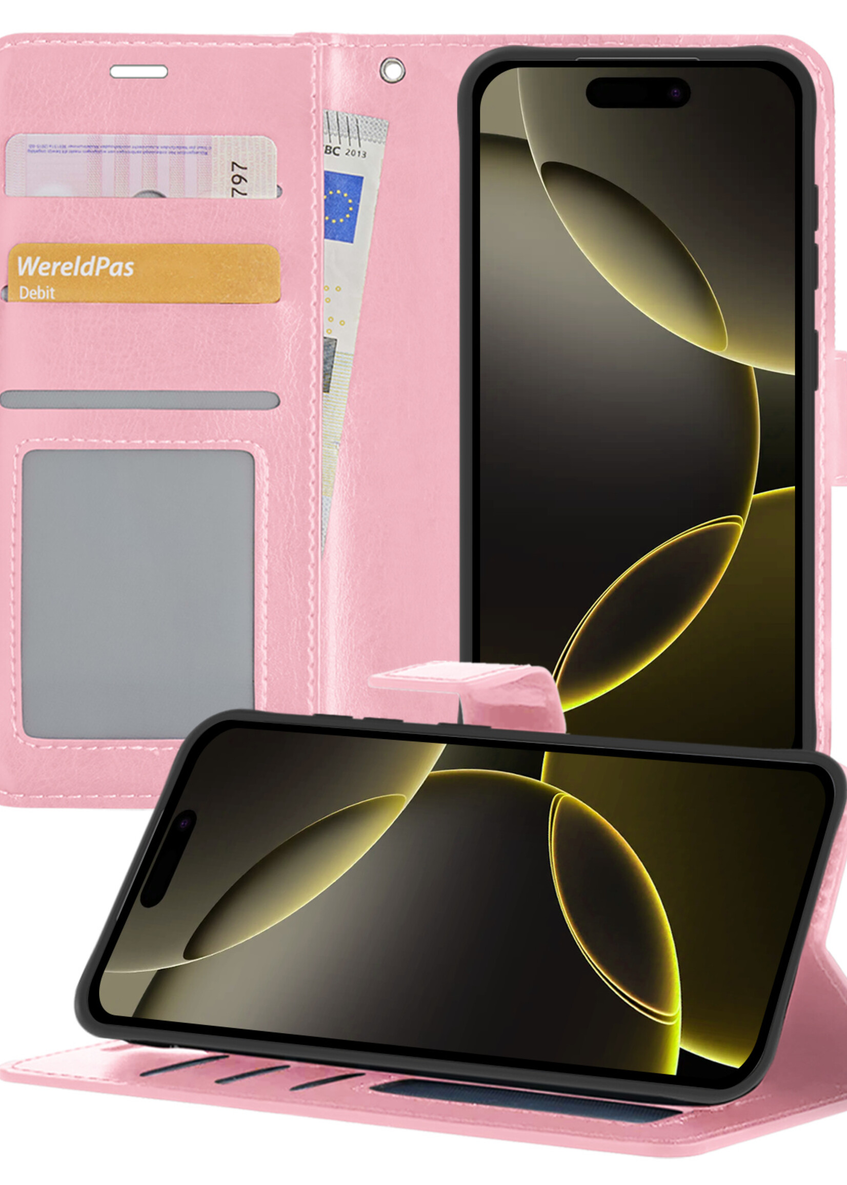 LUQ Hoesje Geschikt voor iPhone 16 Pro Hoesje Book Case Hoes Wallet Cover - Hoes Geschikt voor iPhone 16 Pro Hoesje Bookcase Hoes - Lichtroze