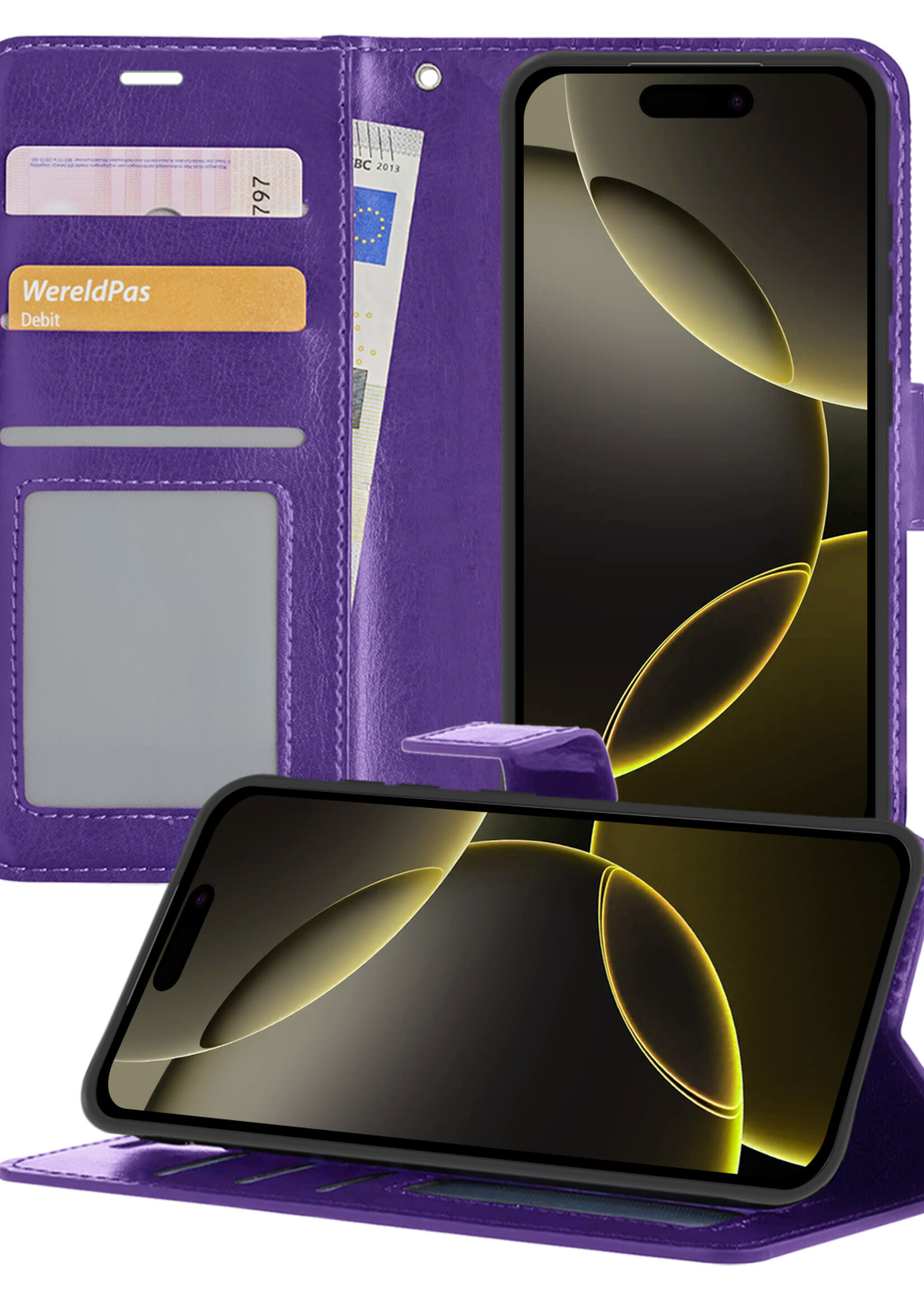 LUQ Hoesje Geschikt voor iPhone 16 Pro Hoesje Book Case Hoes Wallet Cover - Hoes Geschikt voor iPhone 16 Pro Hoesje Bookcase Hoes - Paars