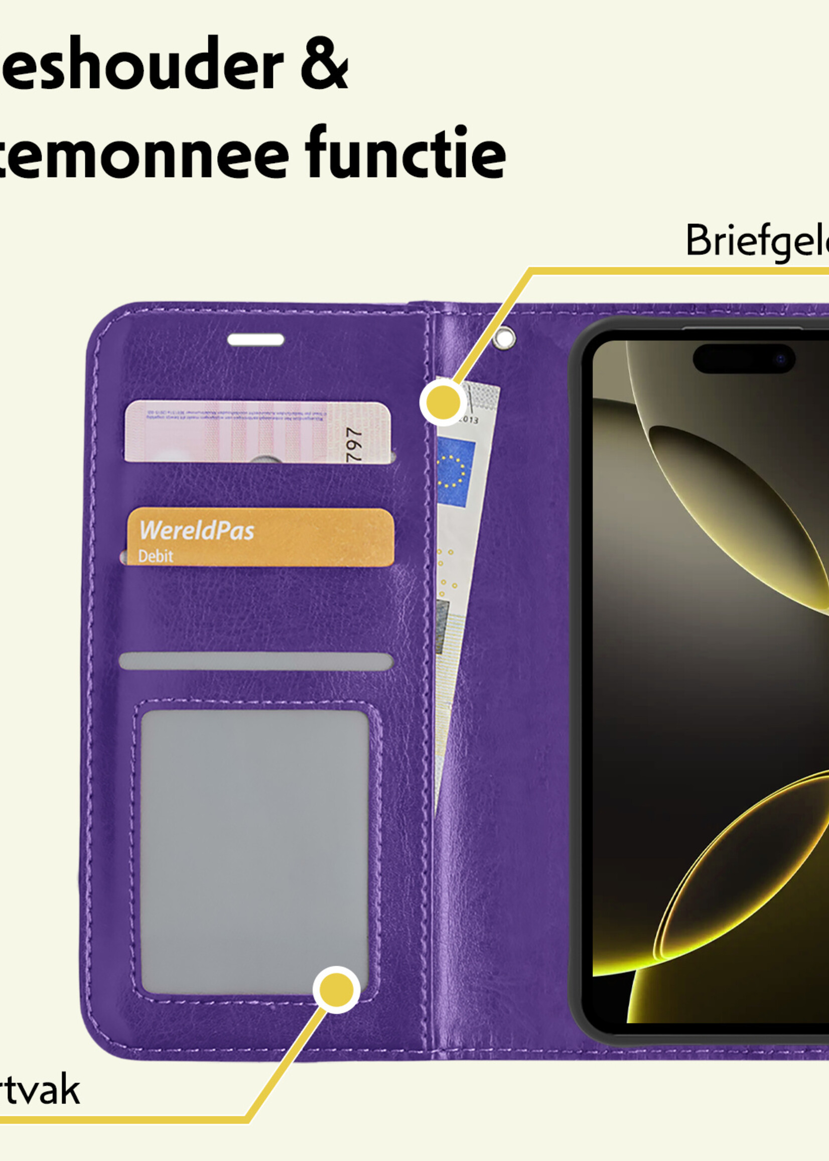 LUQ Hoesje Geschikt voor iPhone 16 Pro Hoesje Book Case Hoes Wallet Cover - Hoes Geschikt voor iPhone 16 Pro Hoesje Bookcase Hoes - Paars