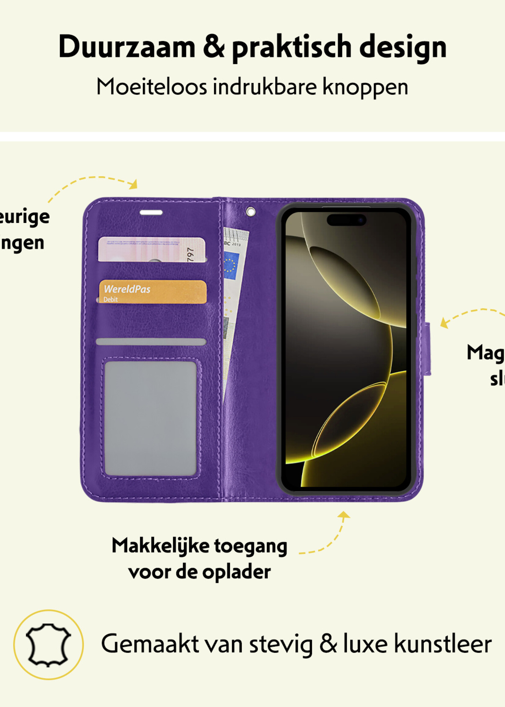 LUQ Hoesje Geschikt voor iPhone 16 Pro Hoesje Book Case Hoes Wallet Cover - Hoes Geschikt voor iPhone 16 Pro Hoesje Bookcase Hoes - Paars