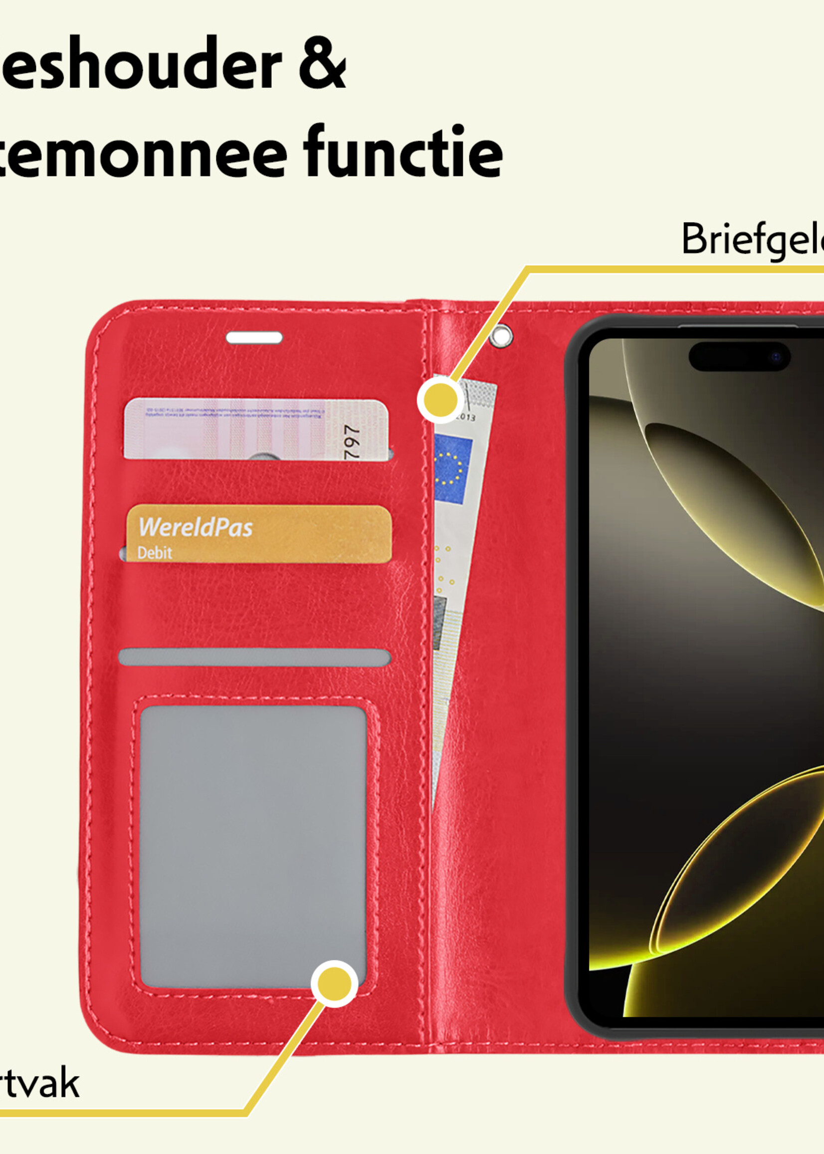 LUQ Hoesje Geschikt voor iPhone 16 Pro Hoesje Book Case Hoes Wallet Cover - Hoes Geschikt voor iPhone 16 Pro Hoesje Bookcase Hoes - Rood