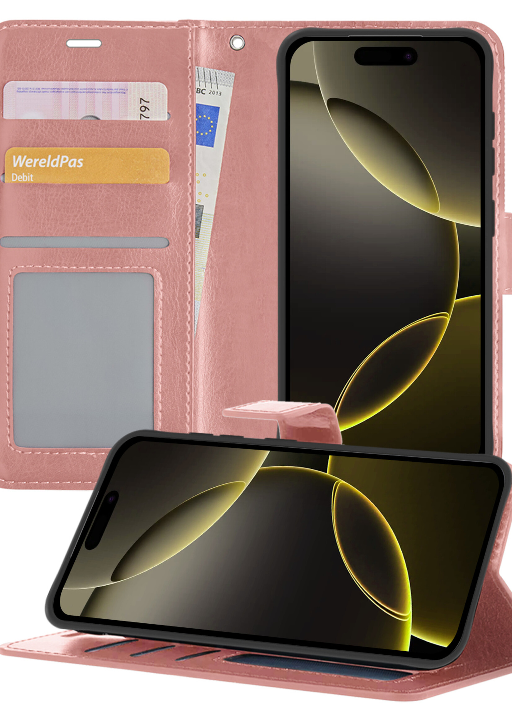 LUQ Hoesje Geschikt voor iPhone 16 Pro Hoesje Book Case Hoes Wallet Cover - Hoes Geschikt voor iPhone 16 Pro Hoesje Bookcase Hoes - Rosé goud