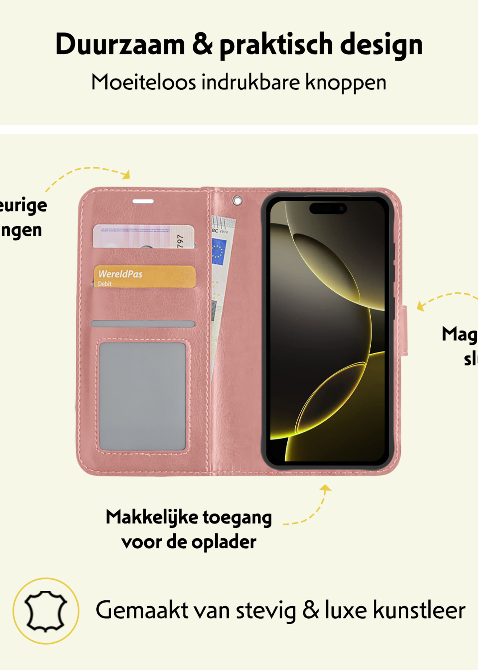 LUQ Hoesje Geschikt voor iPhone 16 Pro Hoesje Book Case Hoes Wallet Cover - Hoes Geschikt voor iPhone 16 Pro Hoesje Bookcase Hoes - Rosé goud