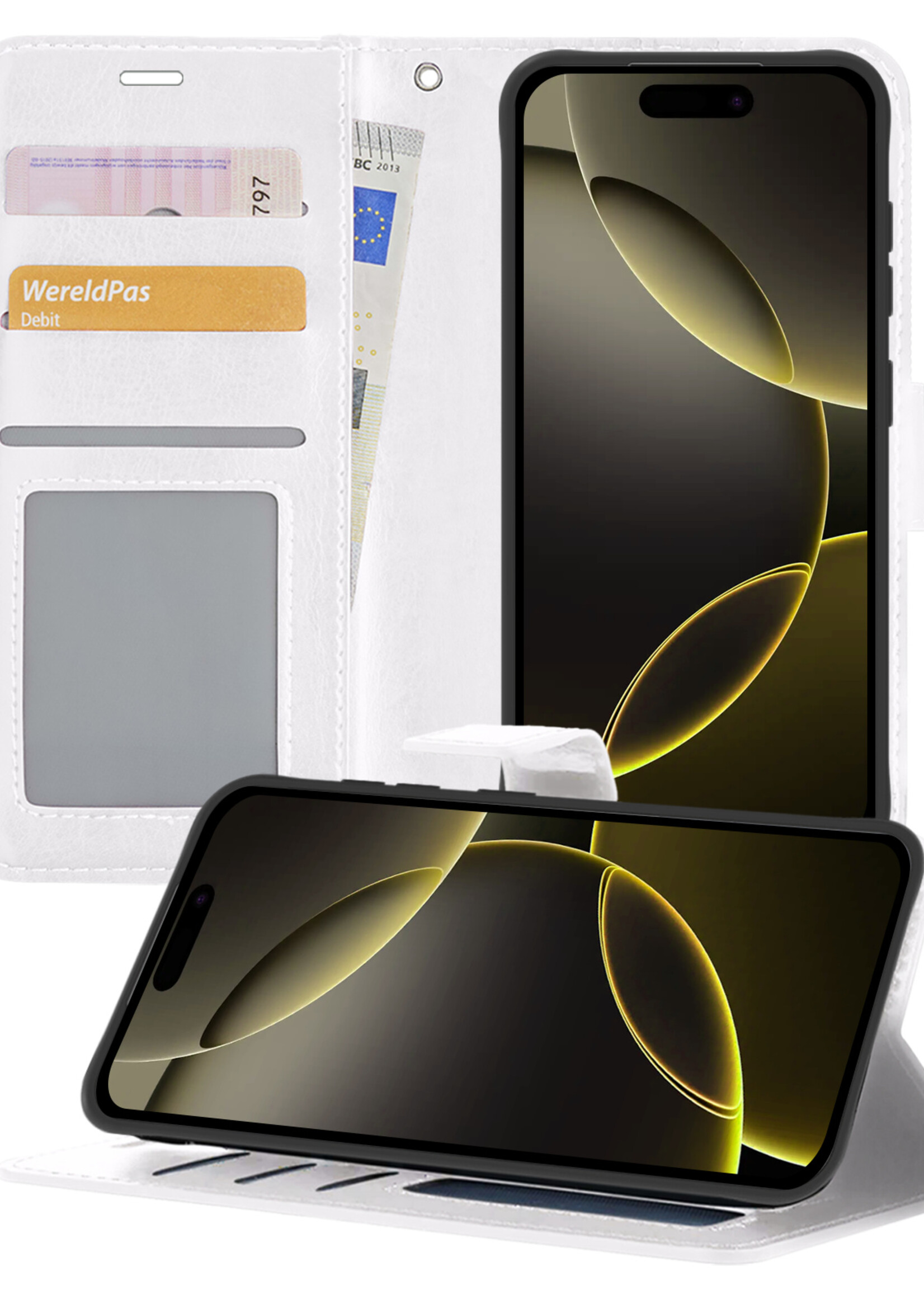 LUQ Hoesje Geschikt voor iPhone 16 Pro Hoesje Book Case Hoes Wallet Cover - Hoes Geschikt voor iPhone 16 Pro Hoesje Bookcase Hoes - Wit