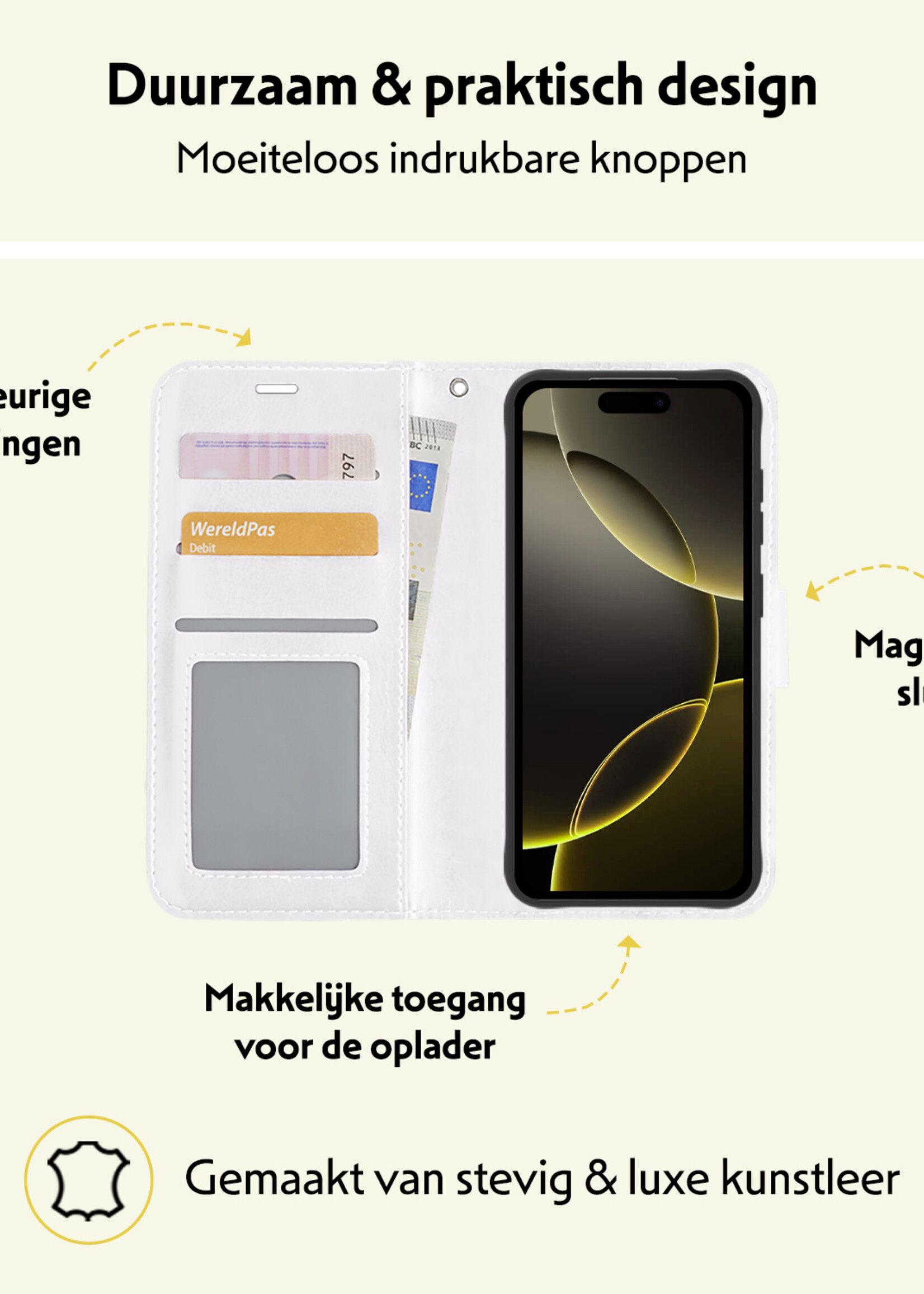 LUQ Hoesje Geschikt voor iPhone 16 Pro Hoesje Book Case Hoes Wallet Cover - Hoes Geschikt voor iPhone 16 Pro Hoesje Bookcase Hoes - Wit