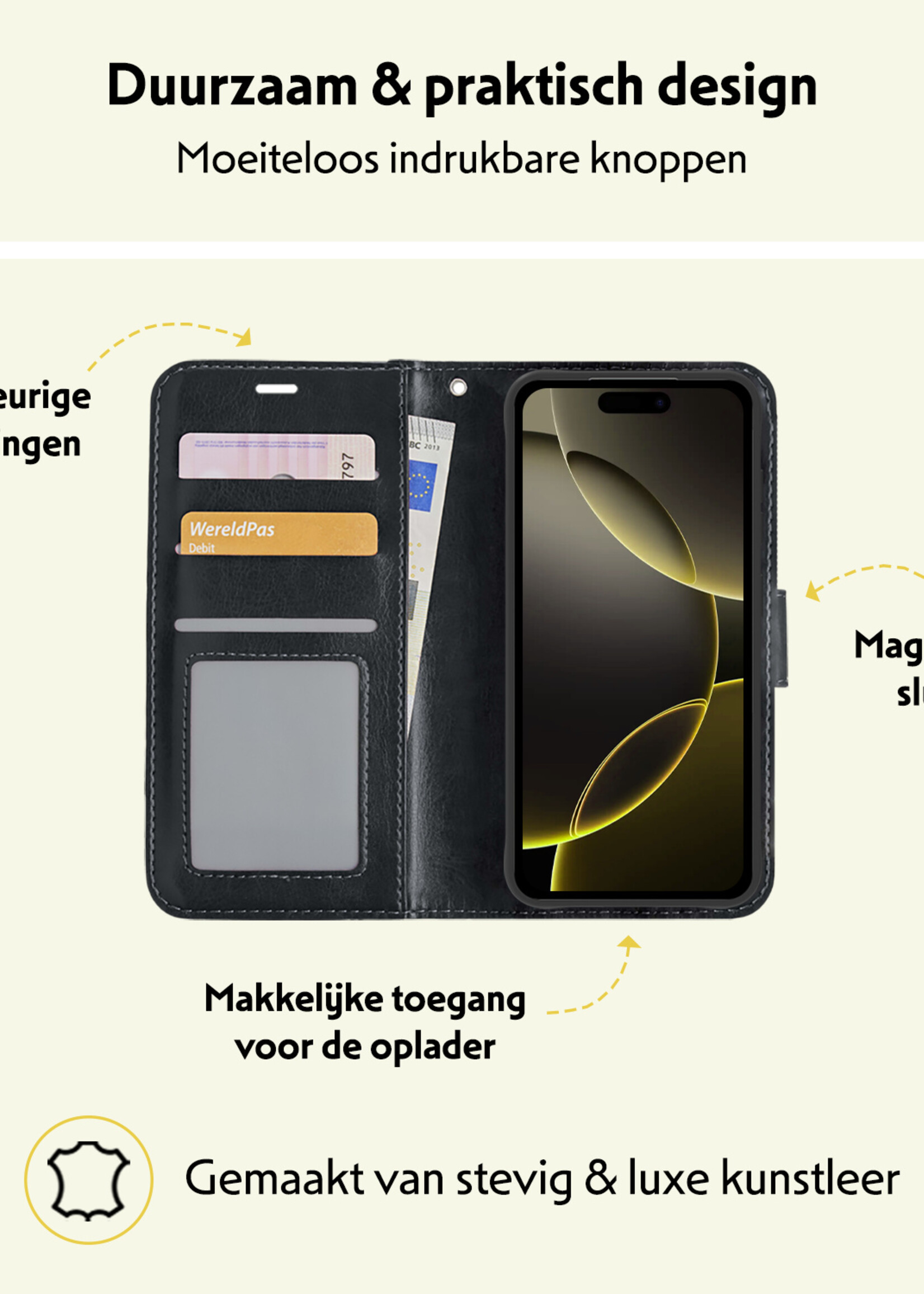 LUQ Hoesje Geschikt voor iPhone 16 Pro Hoesje Book Case Hoes Wallet Cover - Hoes Geschikt voor iPhone 16 Pro Hoesje Bookcase Hoes - Zwart